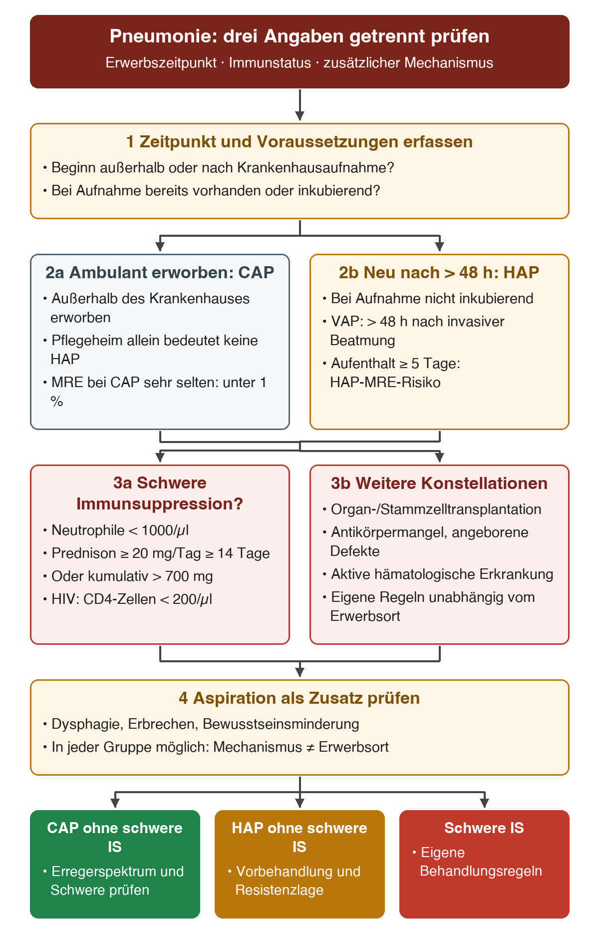 Zuerst werden Beginn und Krankenhauskontext geklärt. CAP und HAP werden vom gesondert geprüften Immunstatus getrennt; schwere Immunsuppression führt unabhängig vom Erwerbsort zu eigenen Regeln. Aspiration wird als zusätzlicher Mechanismus geprüft.