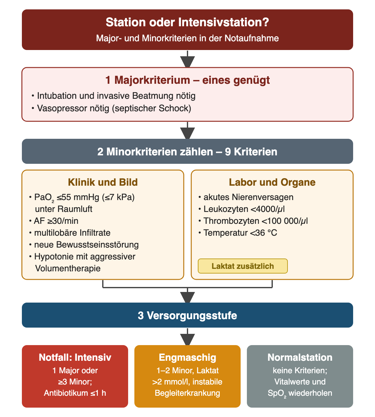 Station oder Intensivstation: Ein Majorkriterium (invasive Beatmung oder Vasopressor) genügt. Minorkriterien: PaO₂ höchstens 55 mmHg unter Raumluft, Atemfrequenz ab 30, multilobäre Infiltrate, neue Bewusstseinsstörung, Hypotonie mit aggressiver Volumentherapie, akutes Nierenversagen, Leukozyten unter 4000, Thrombozyten unter 100 000, Temperatur unter 36 Grad. Ab 3 Minorkriterien Intensivstation, bei 1 bis 2 oder Laktat über 2 mmol/l engmaschige Überwachung.