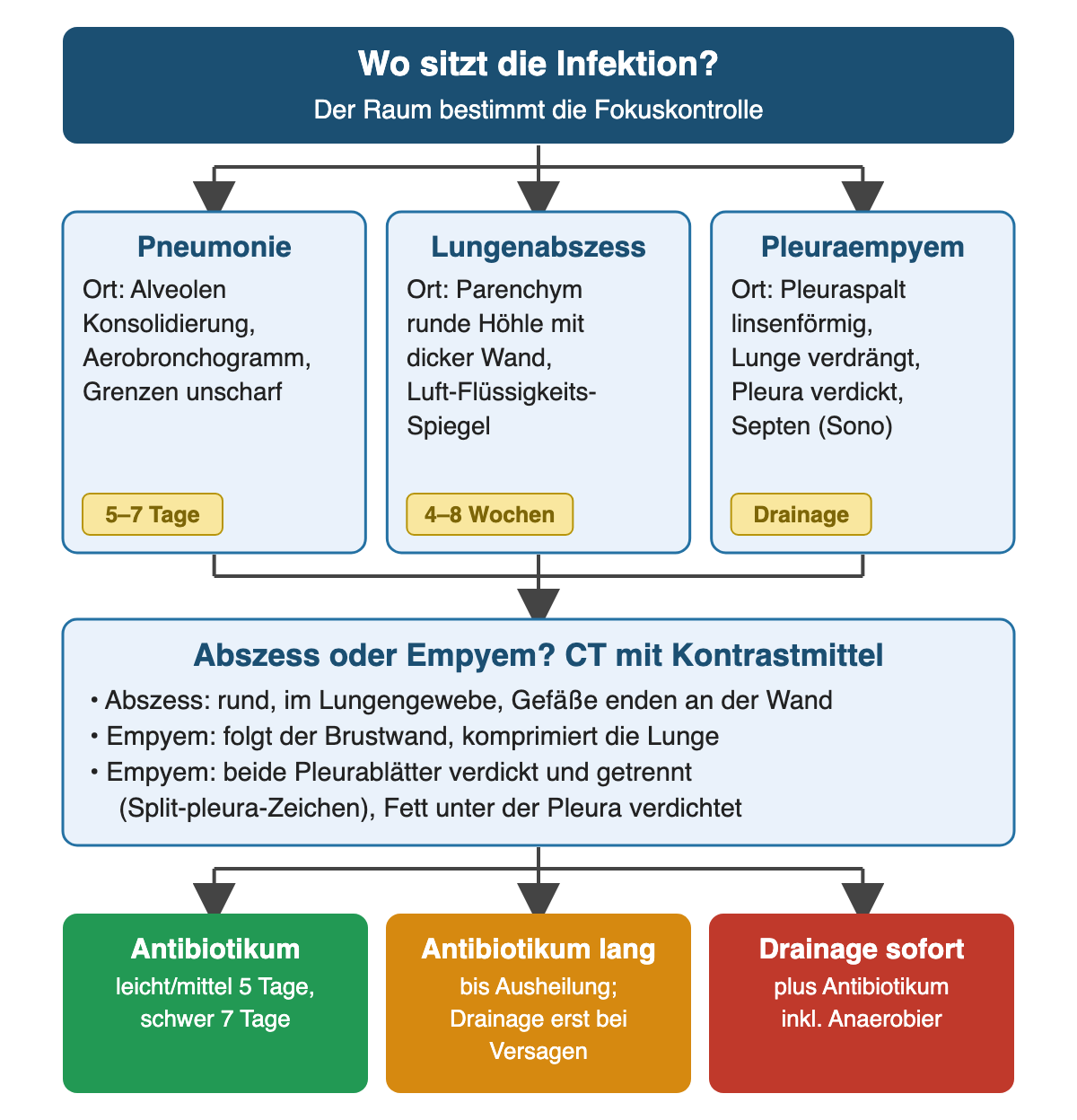 Drei Spalten vergleichen Pneumonie in den Alveolen, Lungenabszess als runde Höhle im Parenchym und Pleuraempyem als linsenförmige Flüssigkeit im Pleuraspalt. Ein CT-Kasten nennt die Unterscheidungsmerkmale von Abszess und Empyem. Ergebnis: Antibiotikum 5 bzw. 7 Tage, lange Antibiotikatherapie mit Drainage erst bei Versagen, sofortige Drainage plus Antibiotikum.