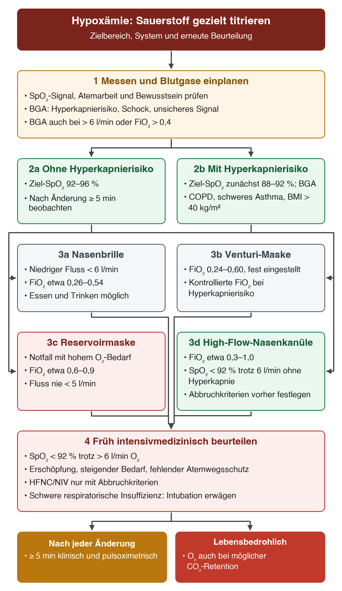 Nach Messung und Blutgasanalyse-Indikationen wird der Zielbereich nach Hyperkapnierisiko gewählt. Nasenbrille, Venturi-Maske, Reservoirmaske und High-Flow sind bedarfsabhängige Alternativen. Warnzeichen führen früh zur intensivmedizinischen Beurteilung; jede Änderung verlangt mindestens fünf Minuten Beobachtung.