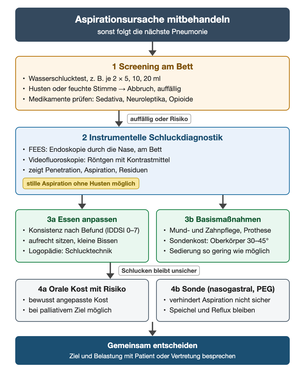 Ablaufdiagramm zur Aspirationsursache: Screening am Bett mit Wasserschlucktest je zweimal 5, 10 und 20 ml und Medikamentenprüfung; bei Auffälligkeit FEES oder Videofluoroskopie. Danach Essen anpassen mit Konsistenz nach IDDSI 0–7, aufrechtem Sitzen und Logopädie sowie Basismaßnahmen mit Mund- und Zahnpflege, Oberkörper 30–45° bei Sondenkost und möglichst geringer Sedierung. Bleibt das Schlucken unsicher: angepasste orale Kost mit bewusstem Risiko oder Sonde, die Aspiration nicht sicher verhindert. Am Ende gemeinsame Entscheidung über Ziel und Belastung.