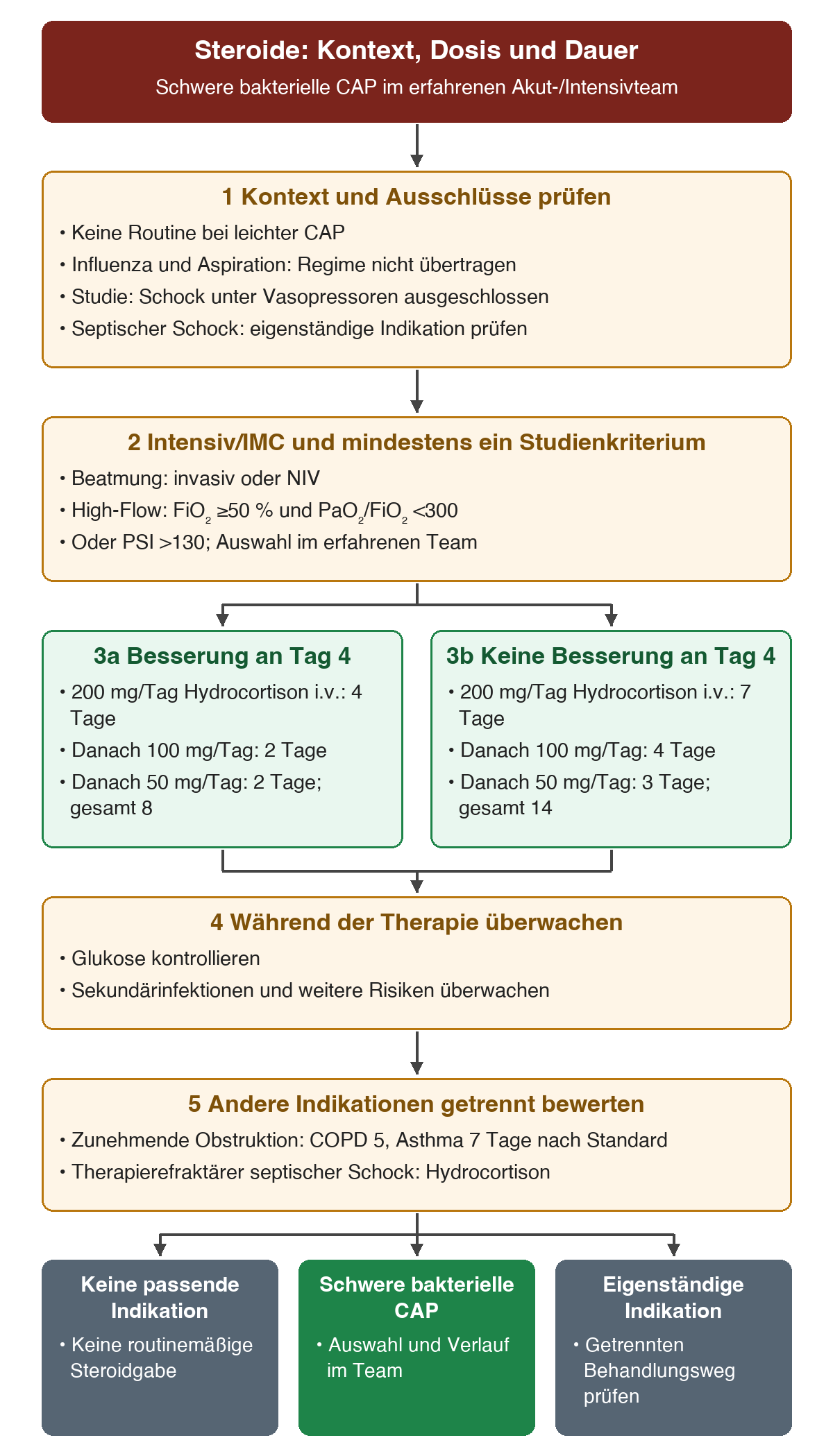Vom Erkrankungskontext und den Auswahlkriterien zu den beiden Hydrocortison-Verläufen: bei Besserung an Tag vier 4/2/2 Tage mit 200/100/50 mg täglich, sonst 7/4/3 Tage; Glukose und Sekundärinfektionen überwachen und andere Indikationen getrennt beurteilen.