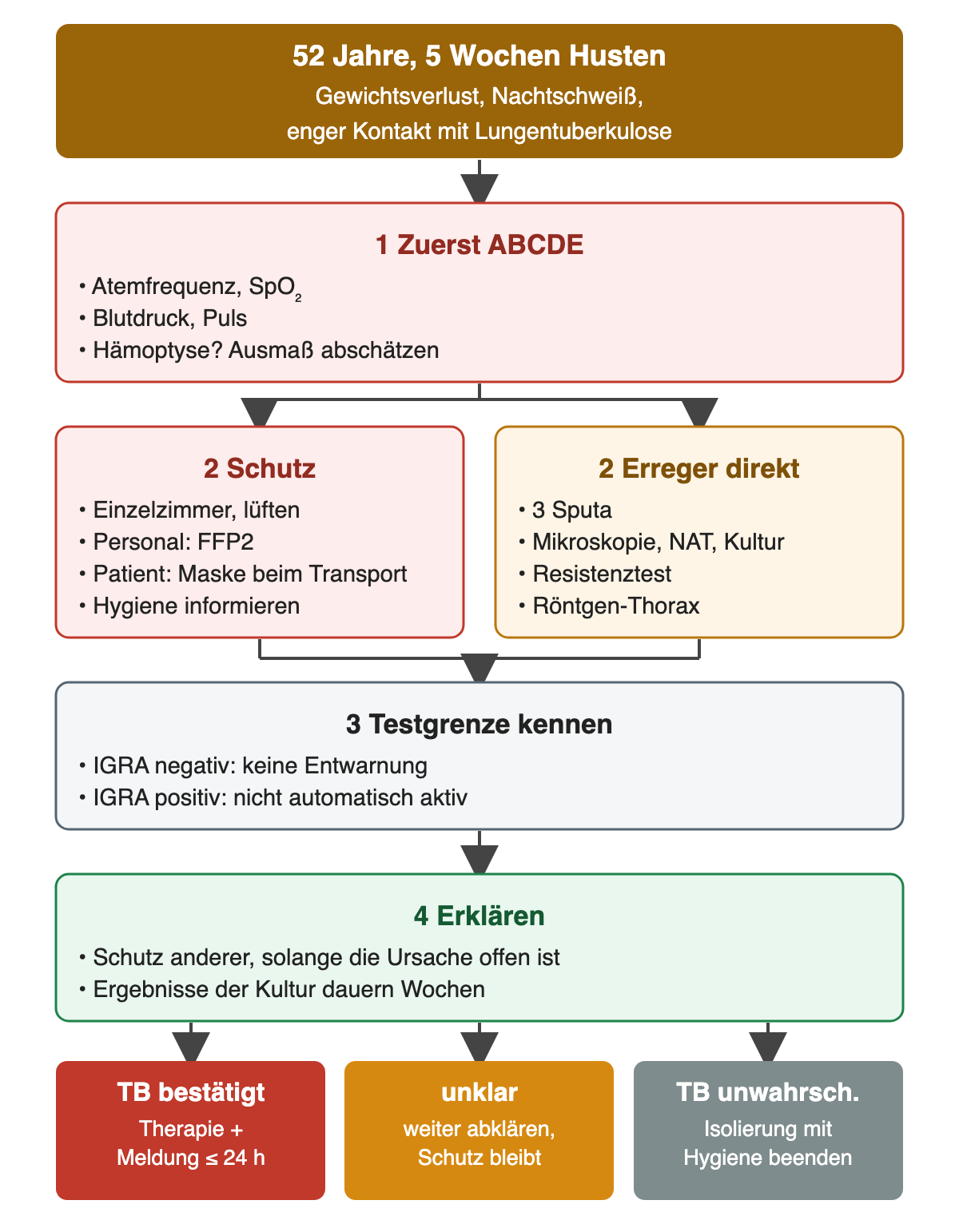 Fallablauf: 52 Jahre, 5 Wochen Husten, Gewichtsverlust, Nachtschweiß und enger Kontakt mit Lungentuberkulose. Schritt 1 zuerst ABCDE mit Atemfrequenz, Sättigung, Blutdruck, Puls und Abschätzung einer Hämoptyse. Schritt 2 parallel Schutz (Einzelzimmer mit Lüftung, FFP2 für das Personal, Maske für den Patienten beim Transport, Hygiene informieren) und direkte Erregerdiagnostik (3 Sputa, Mikroskopie, NAT, Kultur, Resistenztest, Röntgen-Thorax). Schritt 3 Testgrenze: negativer IGRA ist keine Entwarnung, positiver IGRA bedeutet nicht automatisch aktive TB. Schritt 4 erklären: Schutz anderer, solange die Ursache offen ist, Kulturergebnisse dauern Wochen. Ergebnis: TB bestätigt mit Therapie und Meldung innerhalb von 24 Stunden, unklar weiter abklären mit Schutz, TB unwahrscheinlich Isolierung mit der Hygiene beenden.