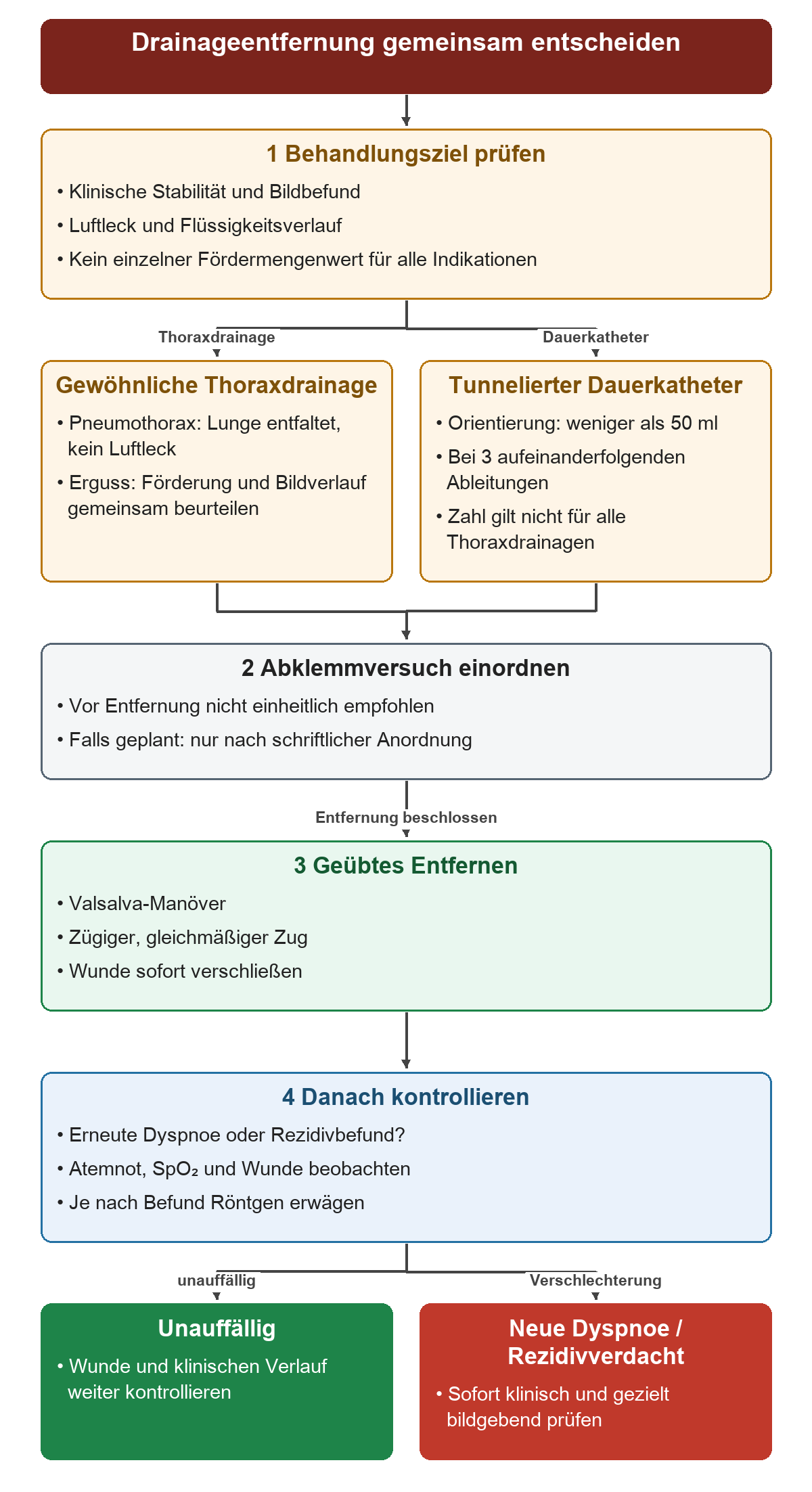 Vor Entfernung werden Stabilität und Behandlungsziel geprüft, dann gewöhnliche Drainage und tunnelierter Katheter unterschieden; nach der gemeinsamen Entscheidung folgen geübtes Entfernen und Verlaufskontrolle.