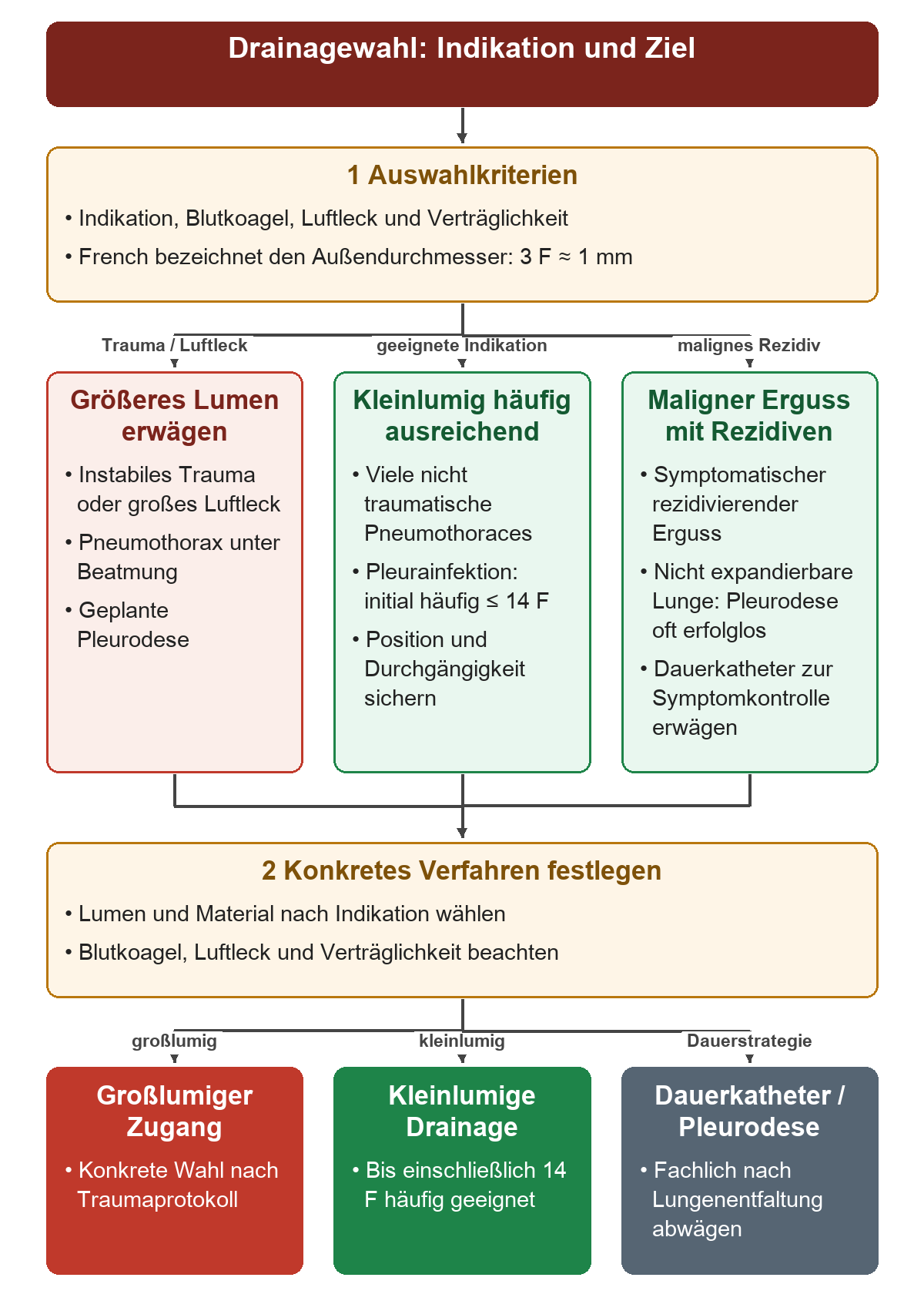 Die Indikation verzweigt in großlumigen Zugang, häufig geeignete kleinlumige Drainage und die Dauerstrategie beim malignen Rezidiverguss; danach wird Material und Lumen für das konkrete Behandlungsziel festgelegt.