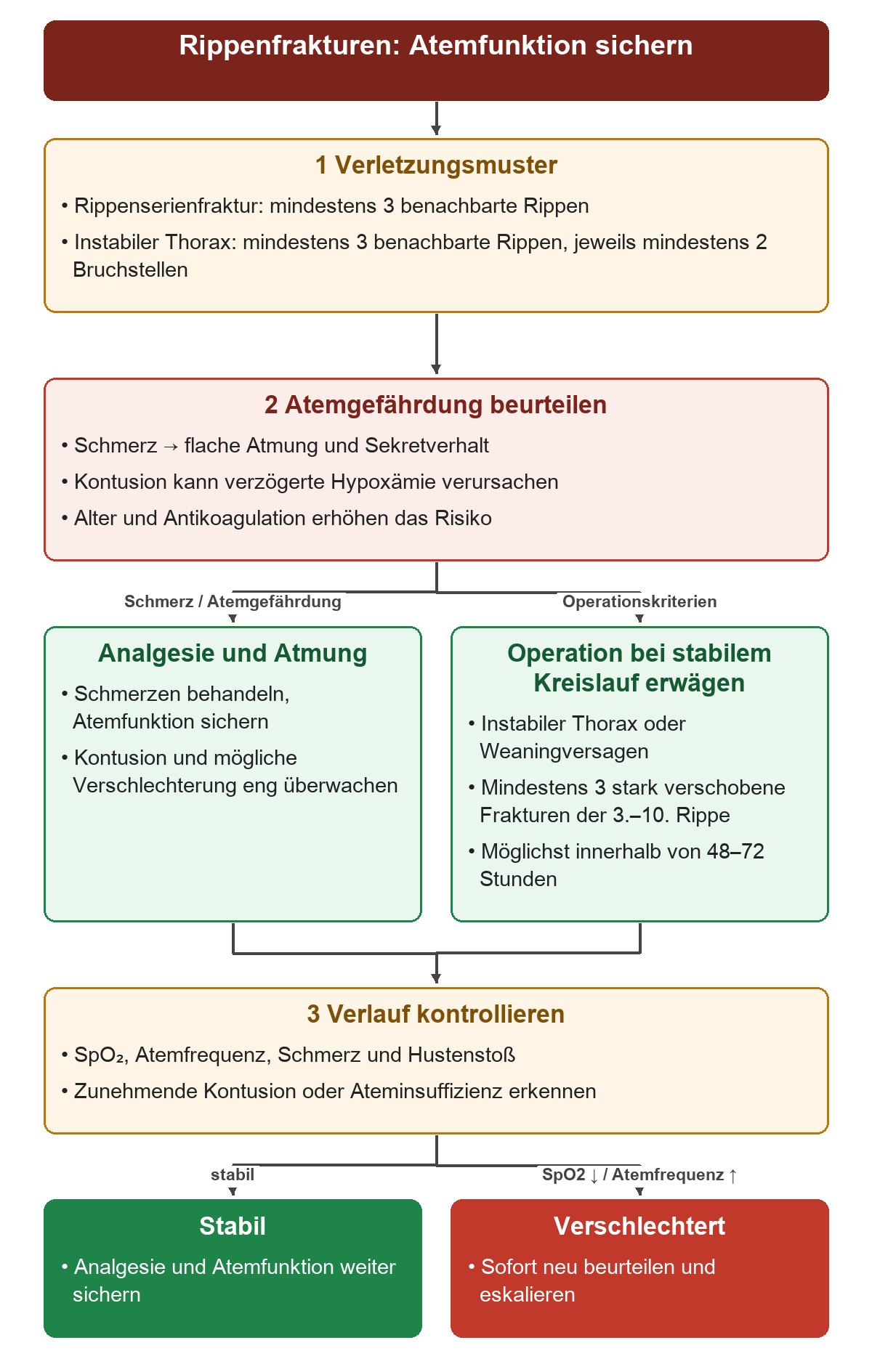 Zuerst Frakturmuster und Atemgefährdung beurteilen, dann Analgesie und Atemsicherung mit der möglichen operativen Stabilisierung bei stabilem Kreislauf verbinden; der Verlauf bestimmt die weitere Eskalation.