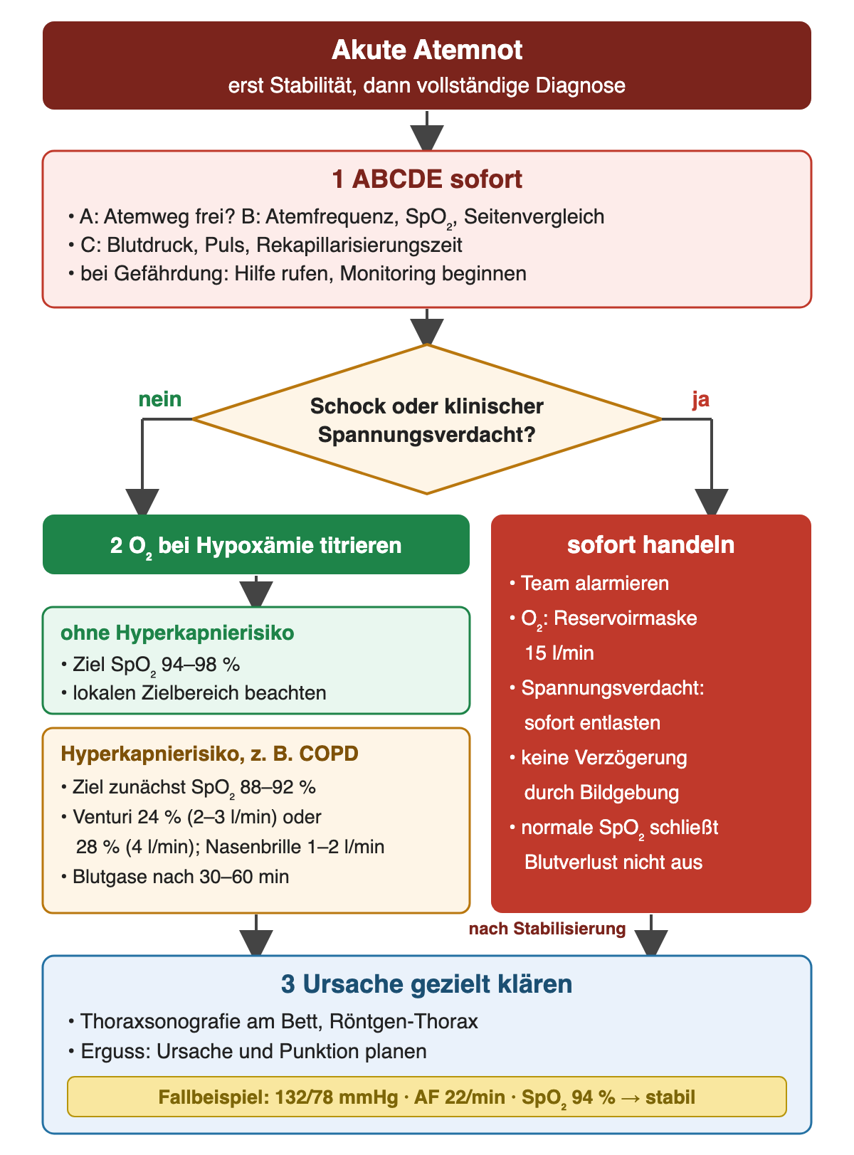 Entscheidungsdiagramm bei akuter Atemnot: 1. ABCDE sofort; Frage nach Schock oder klinischem Spannungsverdacht. Ja: sofort handeln mit Team, Reservoirmaske 15 l/min, Entlastung bei Spannungsverdacht, keine Verzögerung durch Bildgebung. Nein: 2. Sauerstoff bei Hypoxämie titrieren – ohne Hyperkapnierisiko SpO₂ 94–98 %, mit Hyperkapnierisiko zunächst 88–92 % mit Venturi-Maske oder Nasenbrille und Blutgasen nach 30–60 min. 3. Ursache gezielt klären mit Sonografie und Röntgen; Fallbeispiel 132/78 mmHg, Atemfrequenz 22/min, SpO₂ 94 % gilt als stabil.
