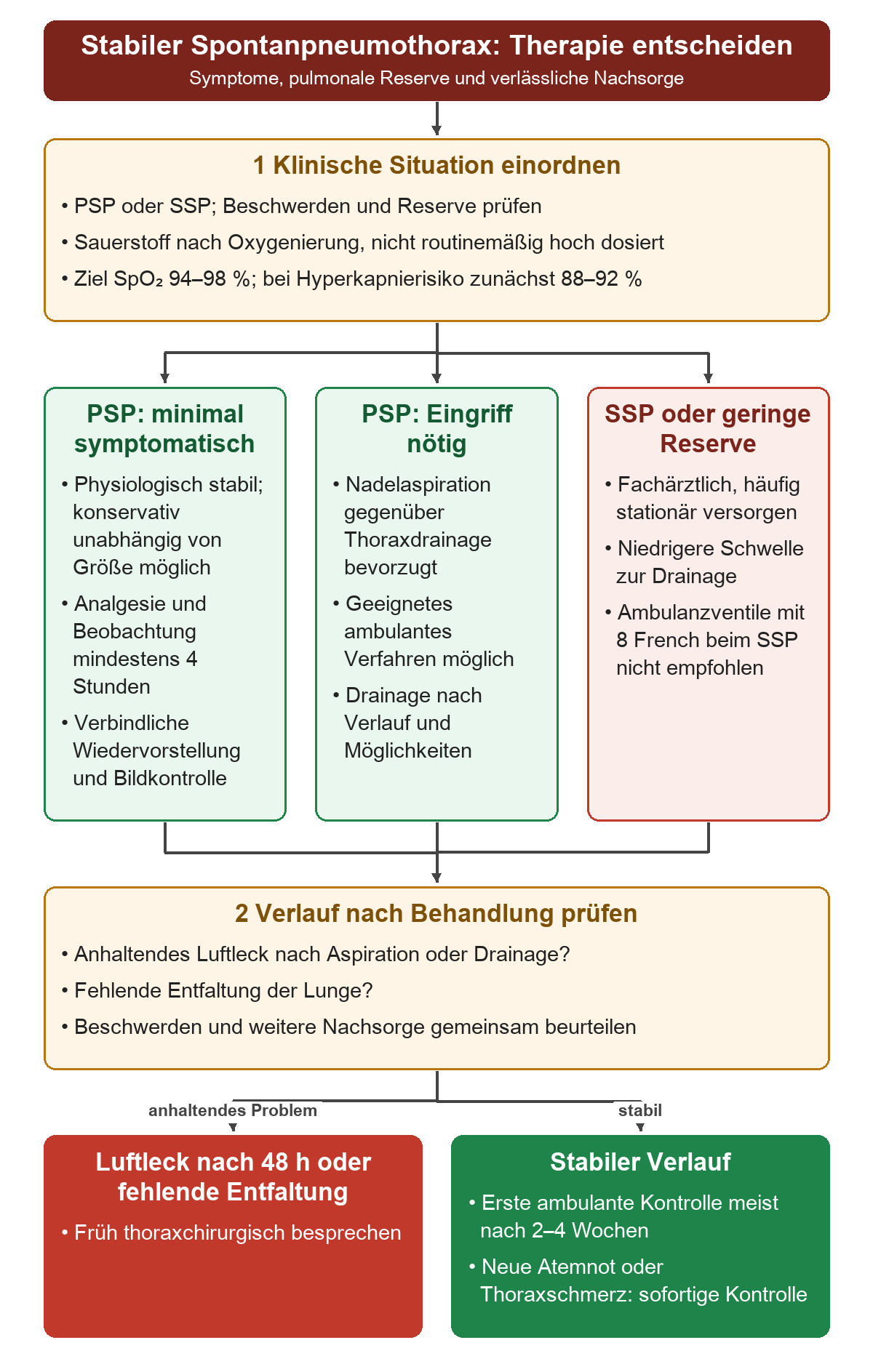 Drei Therapiepfade für minimal symptomatischen PSP, PSP mit Interventionsbedarf und SSP münden in dieselbe Verlaufskontrolle; anhaltendes Luftleck nach 48 Stunden oder fehlende Entfaltung führt zur frühen thoraxchirurgischen Besprechung.