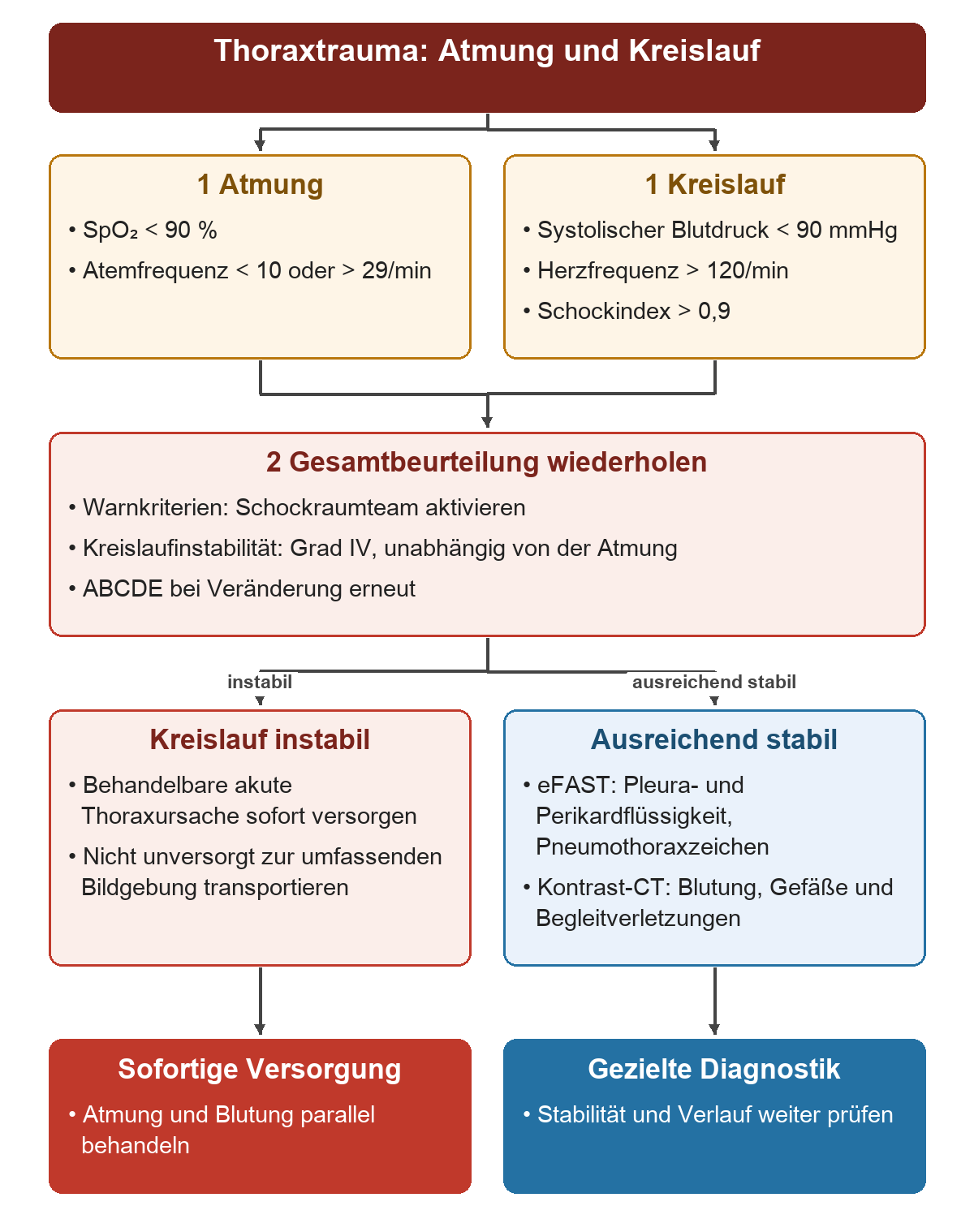 Zuerst Atmung und Kreislauf mit ihren Warnwerten prüfen; bei Instabilität unmittelbar versorgen, bei ausreichender Stabilität gezielt mit eFAST und Kontrast-CT abklären.