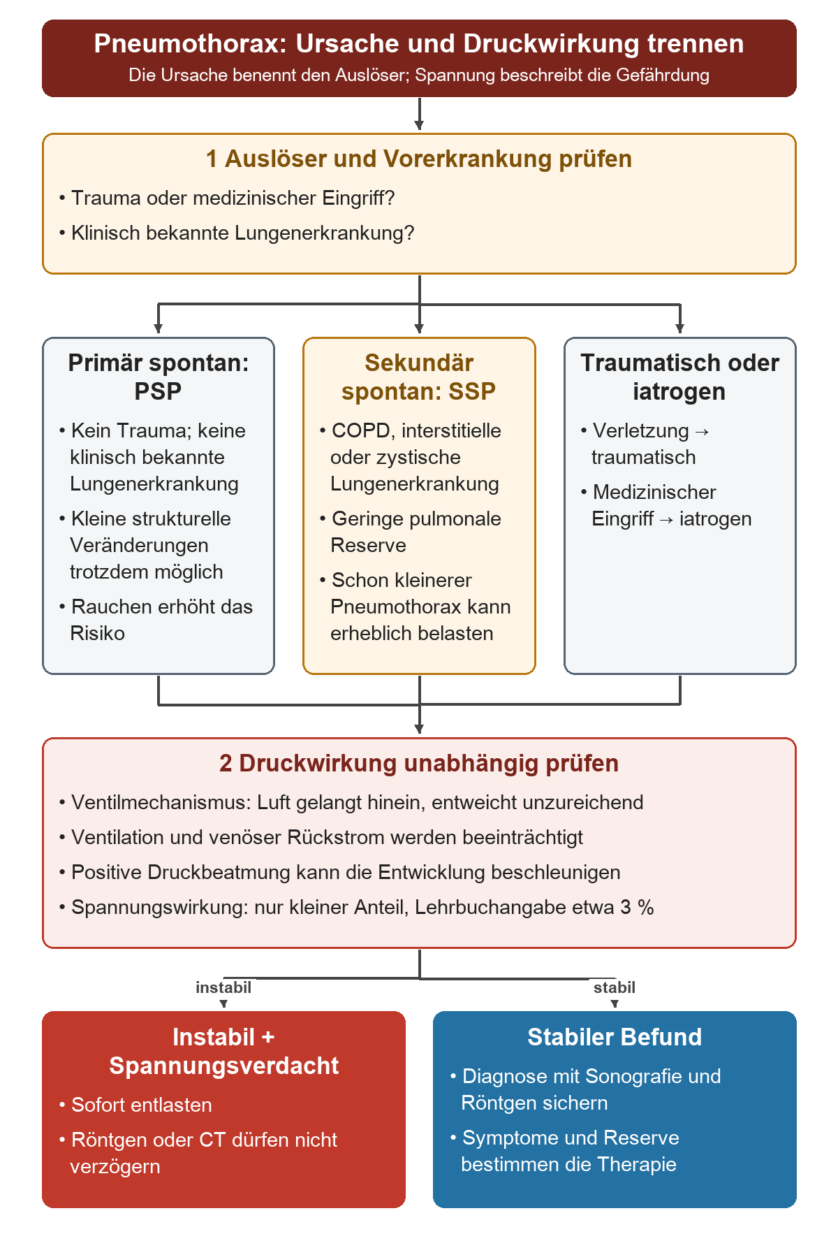 Die Ursachen verzweigen in PSP, SSP sowie traumatisch oder iatrogen; alle führen zur gesonderten Prüfung der Druckwirkung mit sofortiger Entlastung bei instabilem Spannungsverdacht oder Bildabklärung bei stabilem Befund.