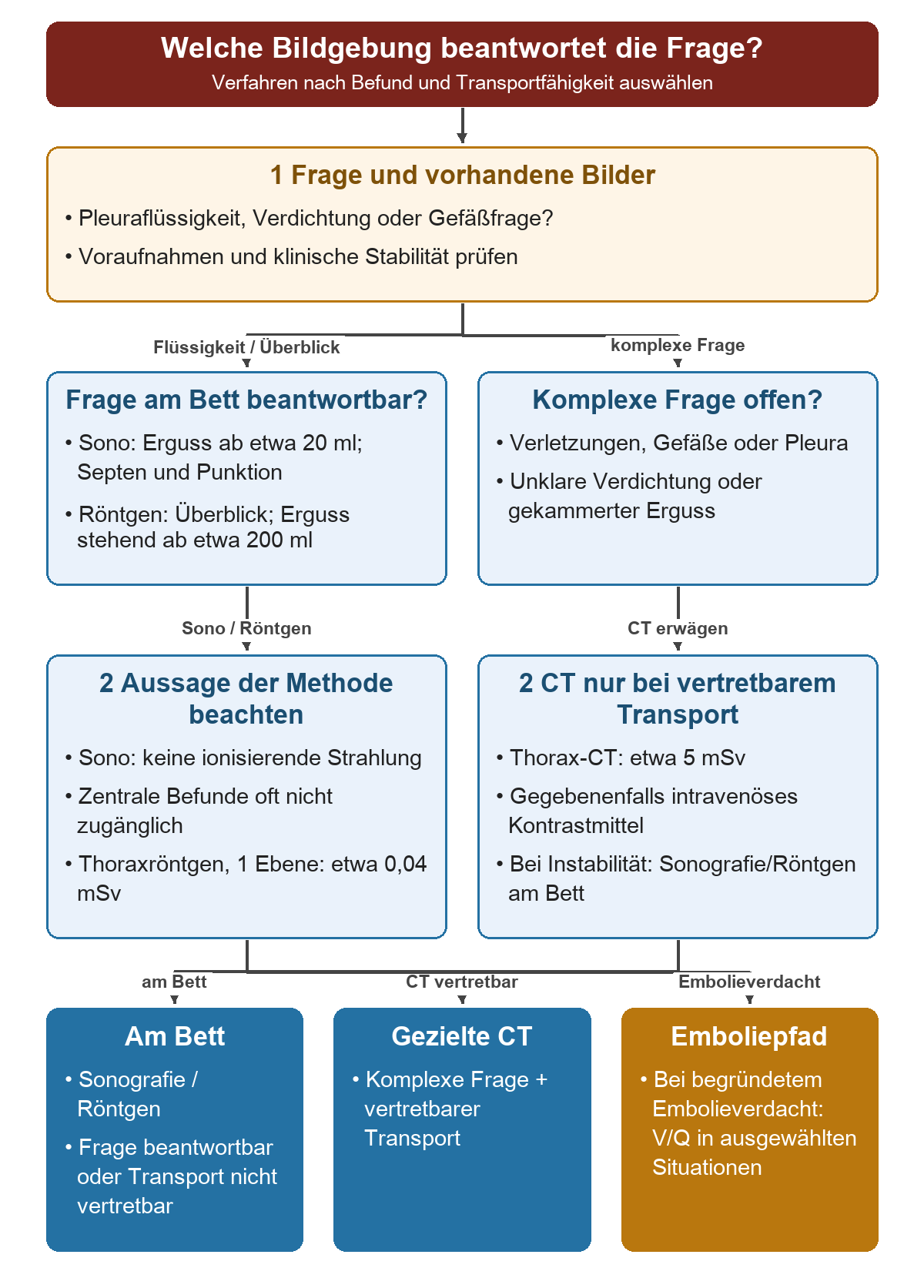Die Untersuchungsfrage verzweigt in Sonografie beziehungsweise Röntgen am Bett und in CT für komplexe Fragen. Die Sonografie erkennt Erguss oft ab etwa 20 ml, das Röntgen im Stehen meist ab etwa 200 ml. Typische Dosen sind 0,04 mSv für eine Röntgenebene und 5 mSv für CT; CT erfordert vertretbaren Transport. Eine Ventilations-/Perfusionsdiagnostik gehört bei begründetem Embolieverdacht in den Emboliepfad.