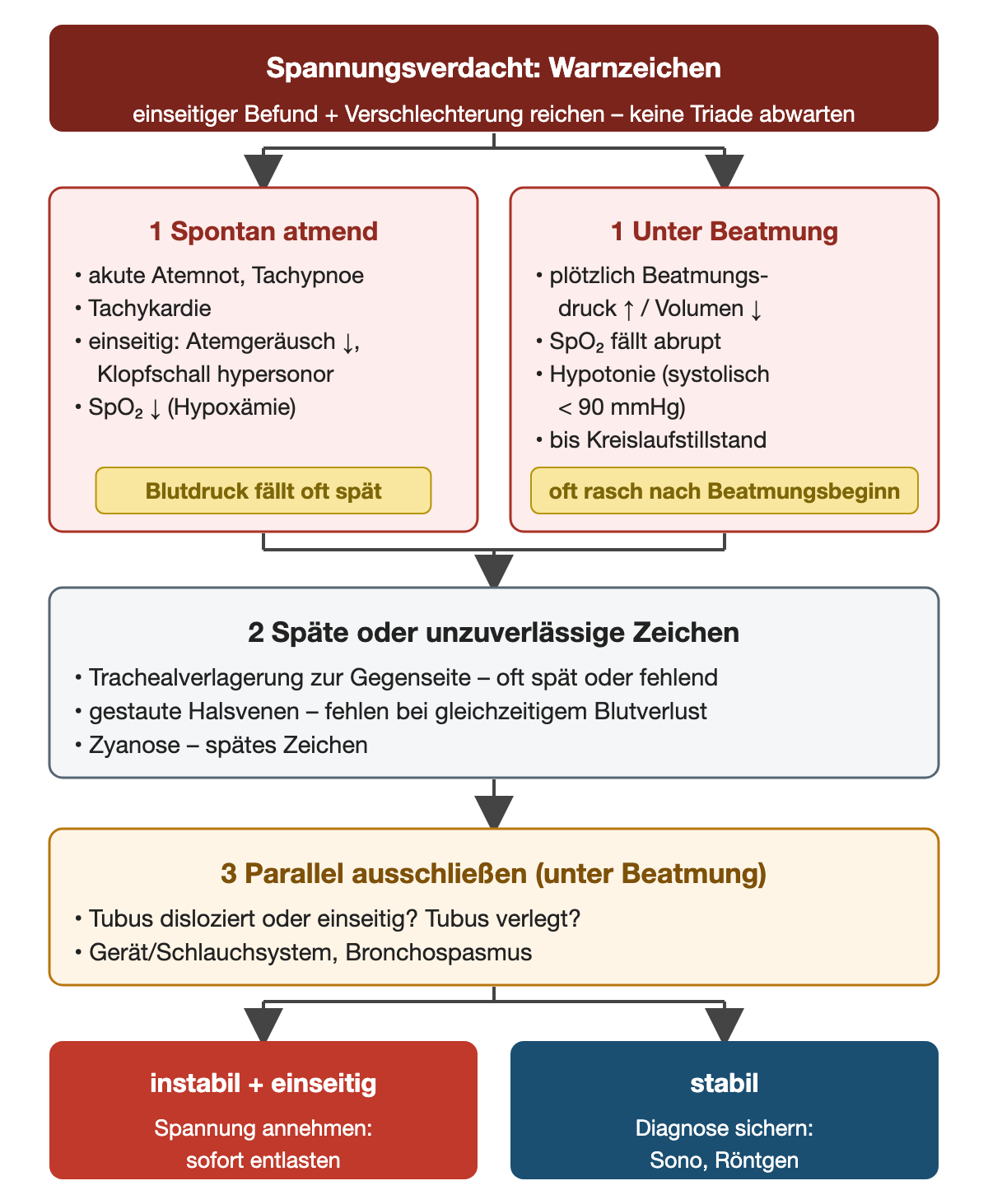 Vergleichsdiagramm der Warnzeichen: links spontan atmend mit Atemnot, Tachykardie, einseitig abgeschwächtem Atemgeräusch und Hypoxämie, rechts unter Beatmung mit plötzlichem Druckanstieg, abruptem SpO₂-Abfall und Hypotonie unter 90 mmHg systolisch; darunter späte Zeichen, parallel auszuschließende Tubusprobleme und die Entscheidung instabil gleich sofort entlasten.