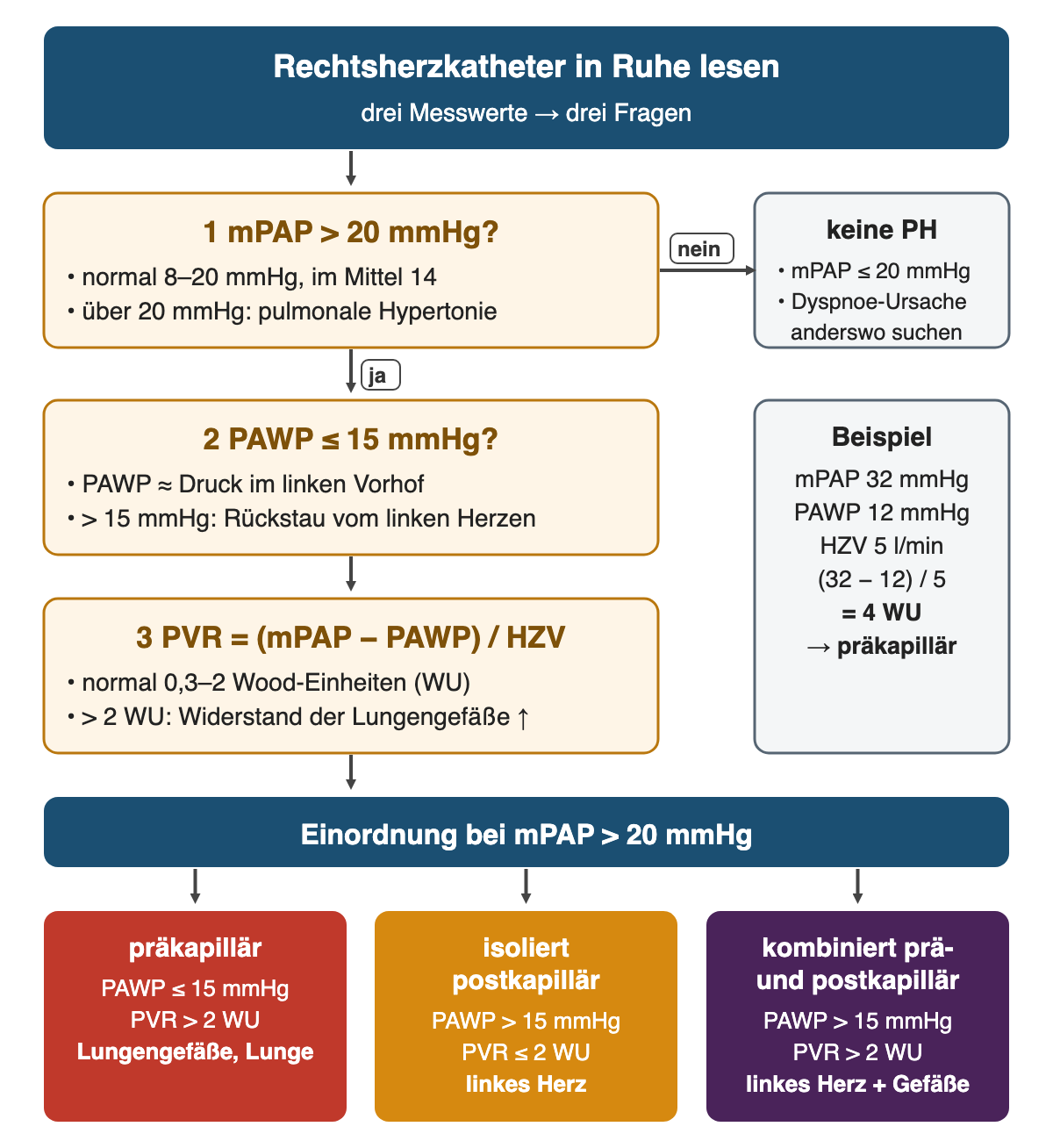 Entscheidungsweg in drei nummerierten Schritten: mPAP über 20 mmHg, PAWP bis 15 mmHg, PVR aus mPAP minus PAWP geteilt durch HZV; daneben das Rechenbeispiel mit 4 WU; unten drei farbige Ergebnisse präkapillär, isoliert postkapillär und kombiniert prä- und postkapillär mit ihren Grenzwerten