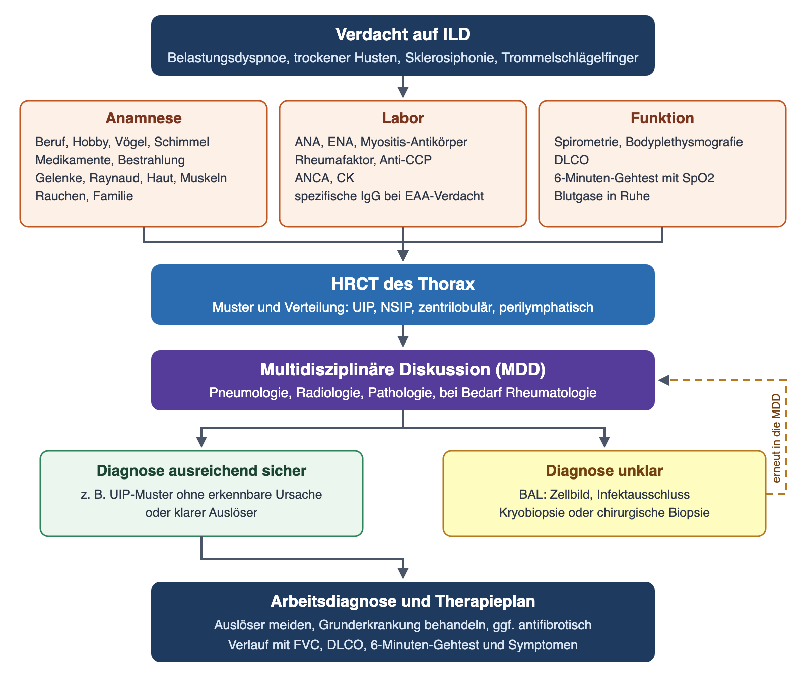Algorithmus: Verdacht auf ILD, danach parallel Anamnese, Labor und Funktion, dann HRCT, dann multidisziplinäre Diskussion; bei sicherer Diagnose direkt Therapieplan, bei unklarer Diagnose BAL und Biopsie mit erneuter Diskussion.