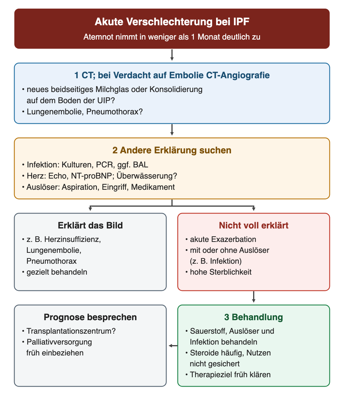 Algorithmus bei akuter Verschlechterung einer IPF innerhalb von weniger als einem Monat: 1 CT, 2 andere Erklärung suchen; links erklärt eine andere Ursache das Bild und wird gezielt behandelt, rechts liegt bei nicht voll erklärtem Bild eine akute Exazerbation vor, die mit Sauerstoff und Behandlung von Auslösern geführt wird; daneben Prognose, Transplantationszentrum und Palliativversorgung.