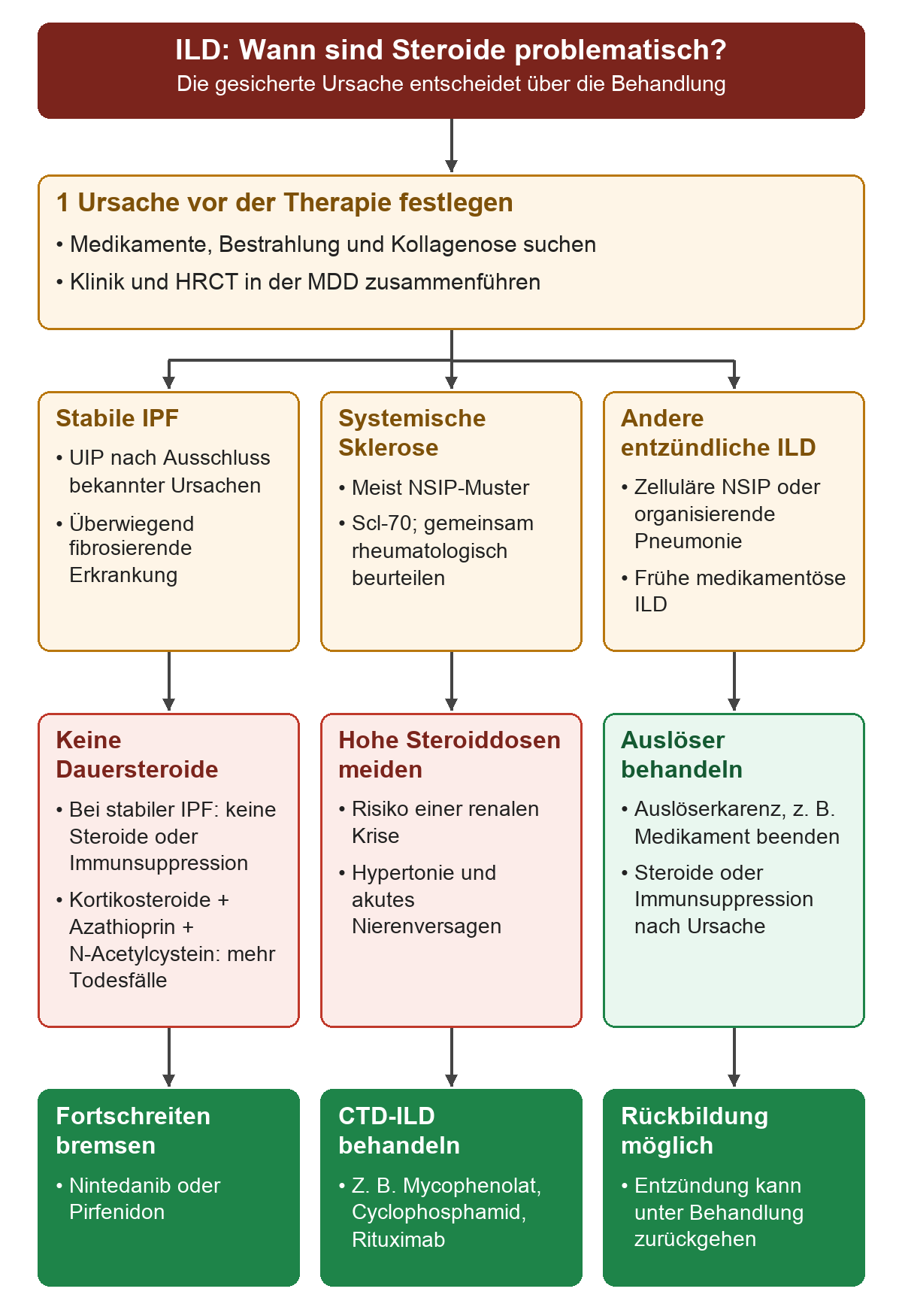 Nach Klärung der ILD-Ursache zeigt der Entscheidungsweg drei Situationen: bei stabiler IPF keine Steroide oder Dauerimmunsuppression, bei systemischer Sklerose hohe Steroiddosen wegen renaler Krise meiden, bei vorwiegend entzündlicher ILD Auslöserkarenz und ursachengerechte Immunsuppression.