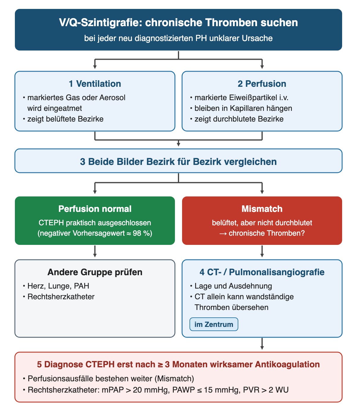 V/Q-Szintigrafie als Ablauf: 1 Ventilation und 2 Perfusion nebeneinander, 3 Vergleich Bezirk für Bezirk; Verzweigung in Perfusion normal mit negativem Vorhersagewert von etwa 98 Prozent und Mismatch; nach Mismatch 4 CT- oder Pulmonalisangiografie im Zentrum; unten 5 Diagnose CTEPH erst nach mindestens drei Monaten wirksamer Antikoagulation mit mPAP über 20, PAWP bis 15 und PVR über 2 WU