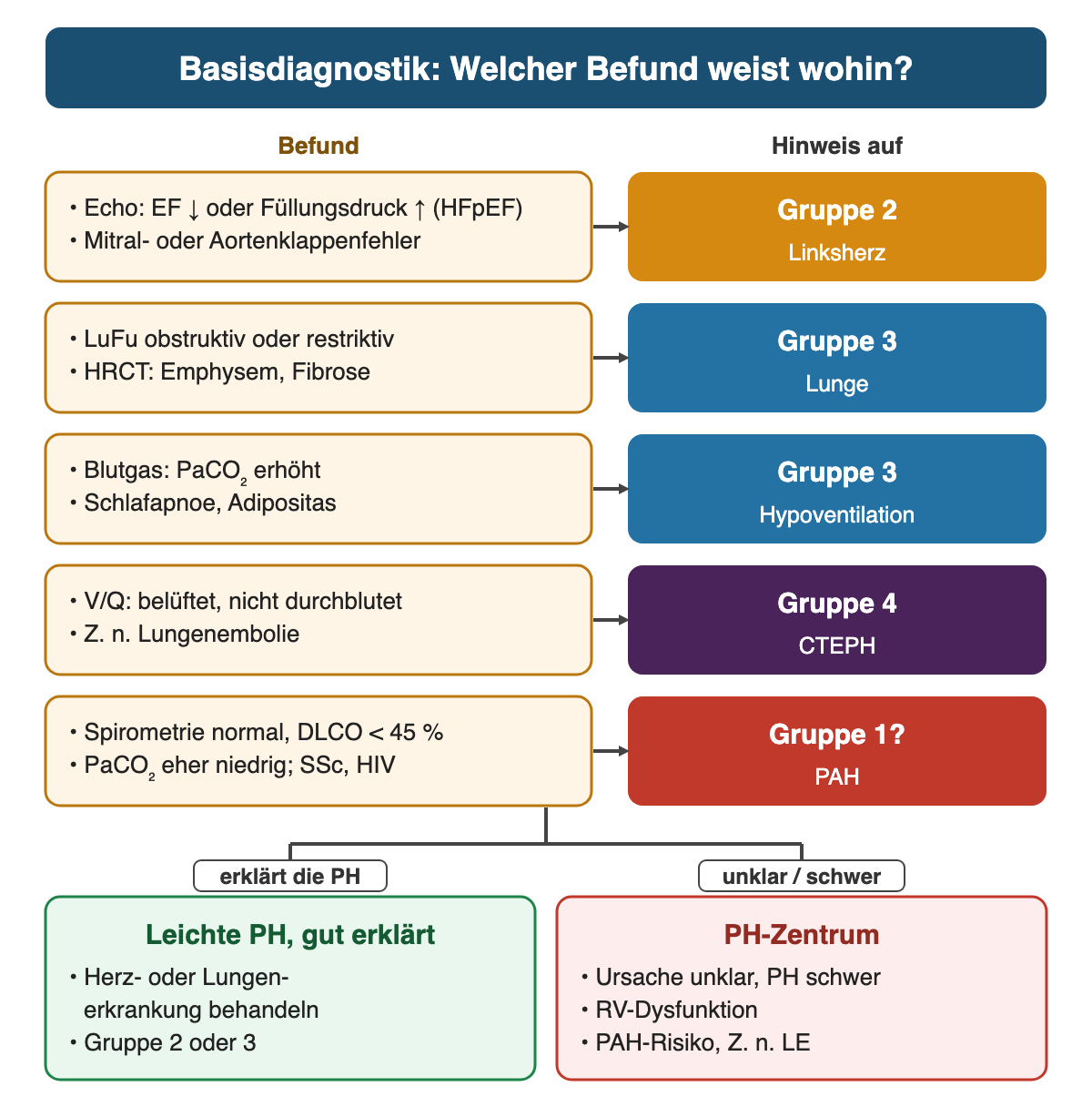 Fünf Befundkästen mit Pfeilen zu farbigen Gruppen: Echo mit eingeschränkter EF, hohem Füllungsdruck oder Klappenfehler zu Gruppe 2; obstruktive oder restriktive Lungenfunktion, Emphysem oder Fibrose zu Gruppe 3; erhöhter PaCO₂ zu Gruppe 3 Hypoventilation; V/Q-Mismatch zu Gruppe 4; normale Spirometrie mit DLCO unter 45 Prozent und niedrigem PaCO₂ zu Gruppe 1; unten leichte, gut erklärte PH gegen Überweisung ins PH-Zentrum
