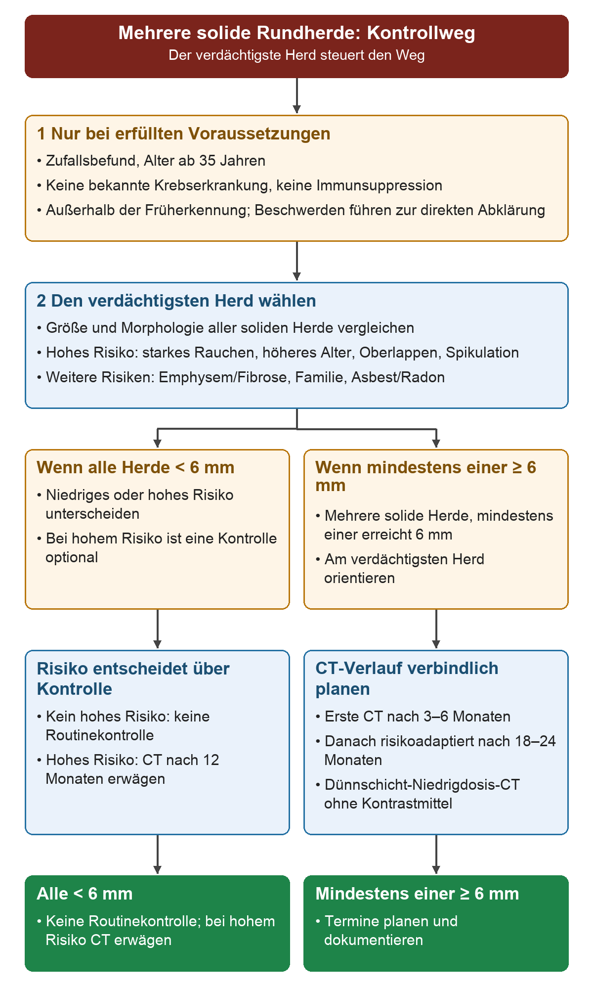 Nach Prüfung der Fleischner-Voraussetzungen werden alle soliden Herde nach Größe, Morphologie und Risiko beurteilt; bei ausschließlich Herden unter 6 Millimetern entfällt die Routinekontrolle beziehungsweise wird bei hohem Risiko eine CT nach 12 Monaten erwogen, bei mindestens einem Herd ab 6 Millimetern folgt CT nach 3–6 und risikoadaptiert 18–24 Monaten.
