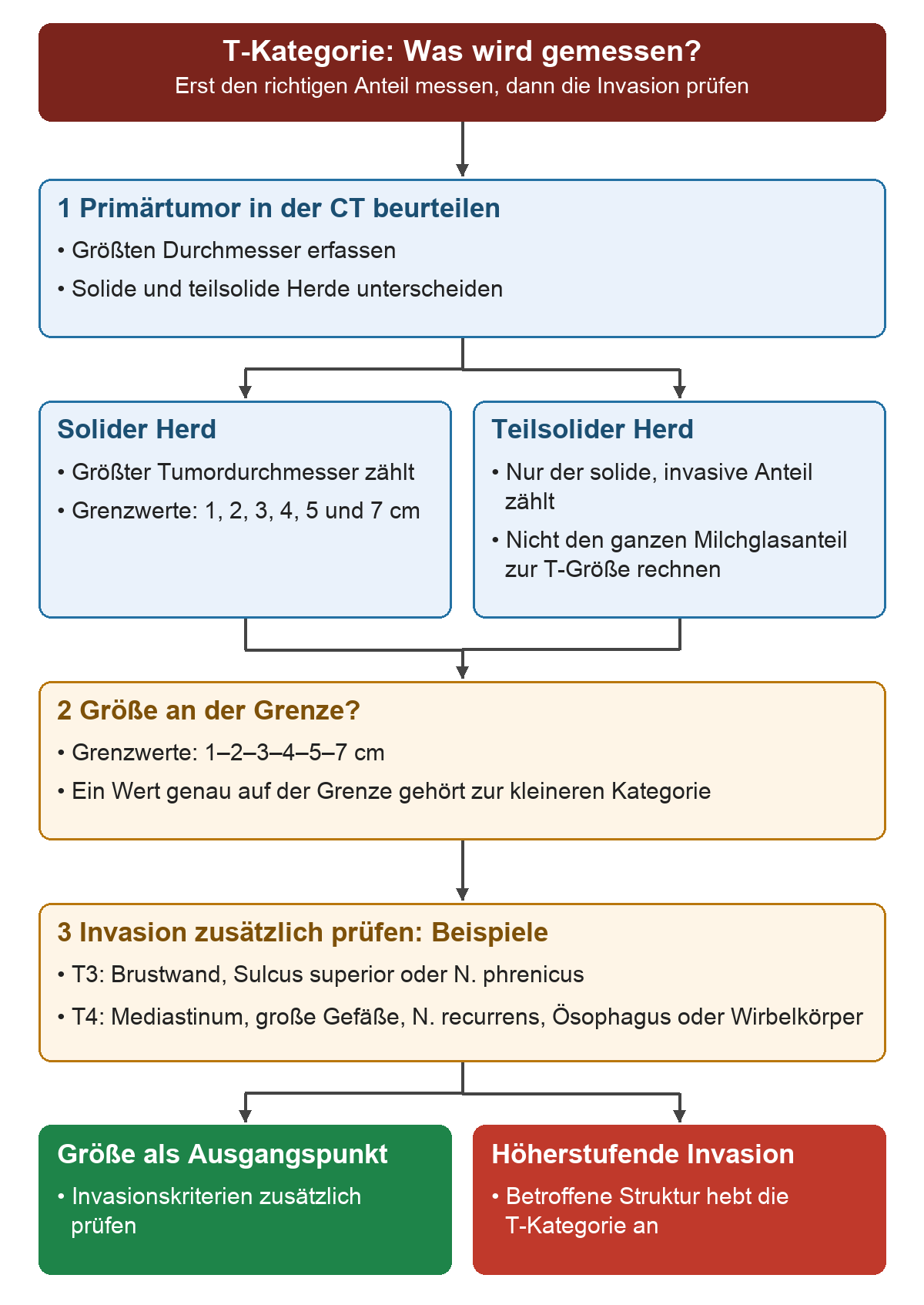Zuerst trennt der CT-Weg solide von teilsoliden Herden; bei Teilsolidität zählt nur der solide invasive Anteil. Nach der Größenklasse wird geprüft, ob eine Invasion unabhängig von der Größe eine höhere T-Kategorie ergibt.