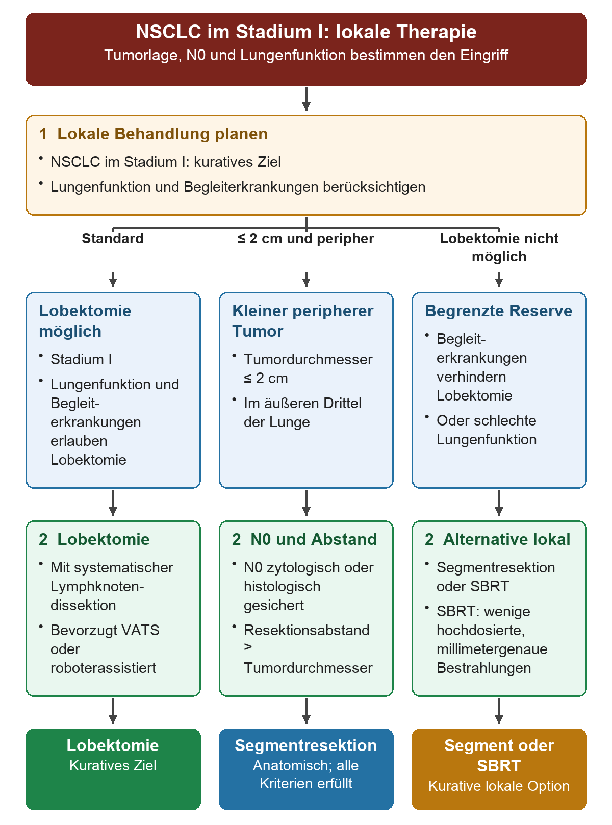 Von NSCLC im Stadium I führen drei Wege zur lokalen Therapie: geeignete Patienten zur Lobektomie mit Lymphknotendissektion; Tumoren bis 2 cm im äußeren Lungendrittel bei zytologisch oder histologisch gesichertem N0 und Resektionsabstand über dem Tumordurchmesser zur anatomischen Segmentresektion; bei nicht möglicher Lobektomie wegen Begleiterkrankungen oder schlechter Lungenfunktion zu Segmentresektion oder SBRT.