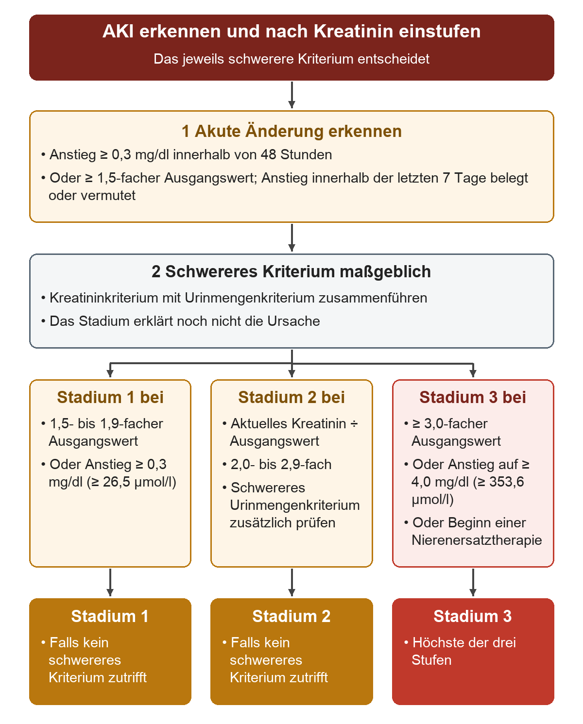 Nach Prüfung der Zeitkriterien für AKI werden die Kreatininkriterien der drei Stadien nebeneinandergestellt; die Ergebniszeile nennt Stadium 1, 2 und 3, wobei ein schwereres Urinmengenkriterium ebenfalls maßgeblich bleibt.