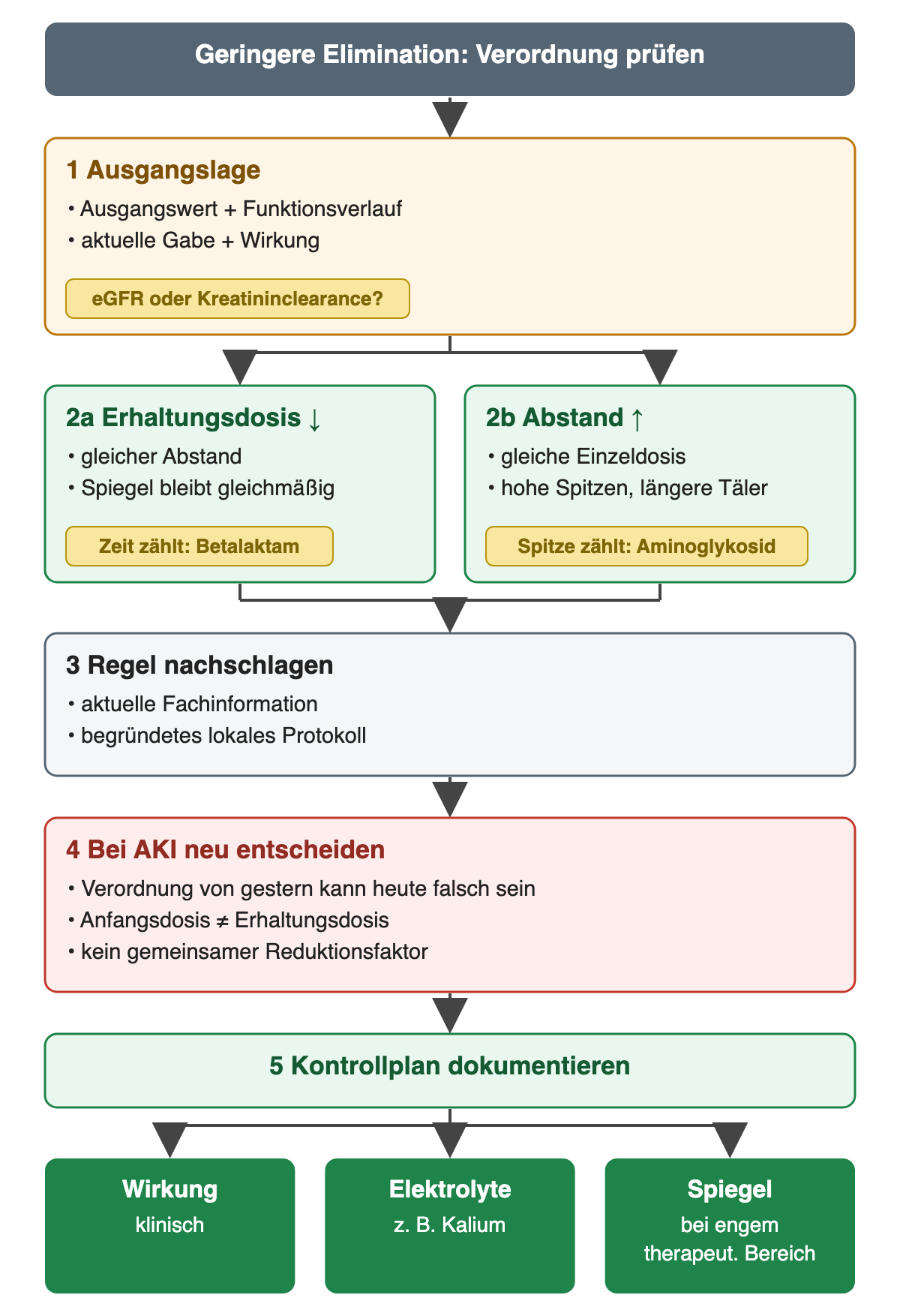 Bei geringerer Elimination zuerst Ausgangswert, Funktionsverlauf, aktuelle Gabe, Wirkung und passende Funktionsgröße prüfen; dann entweder kleinere Erhaltungsdosis im gleichen Abstand mit gleichmäßigem Spiegel, eher bei zeitabhängig wirkenden Betalaktamen, oder längerer Abstand bei gleicher Einzeldosis mit hohen Spitzen und längeren Tälern, eher bei spitzenabhängig wirkenden Aminoglykosiden; die Regel in Fachinformation oder lokalem Protokoll nachschlagen; bei AKI neu entscheiden, Anfangs- und Erhaltungsdosis getrennt; Kontrollplan für Wirkung, Elektrolyte und gegebenenfalls Spiegel dokumentieren.