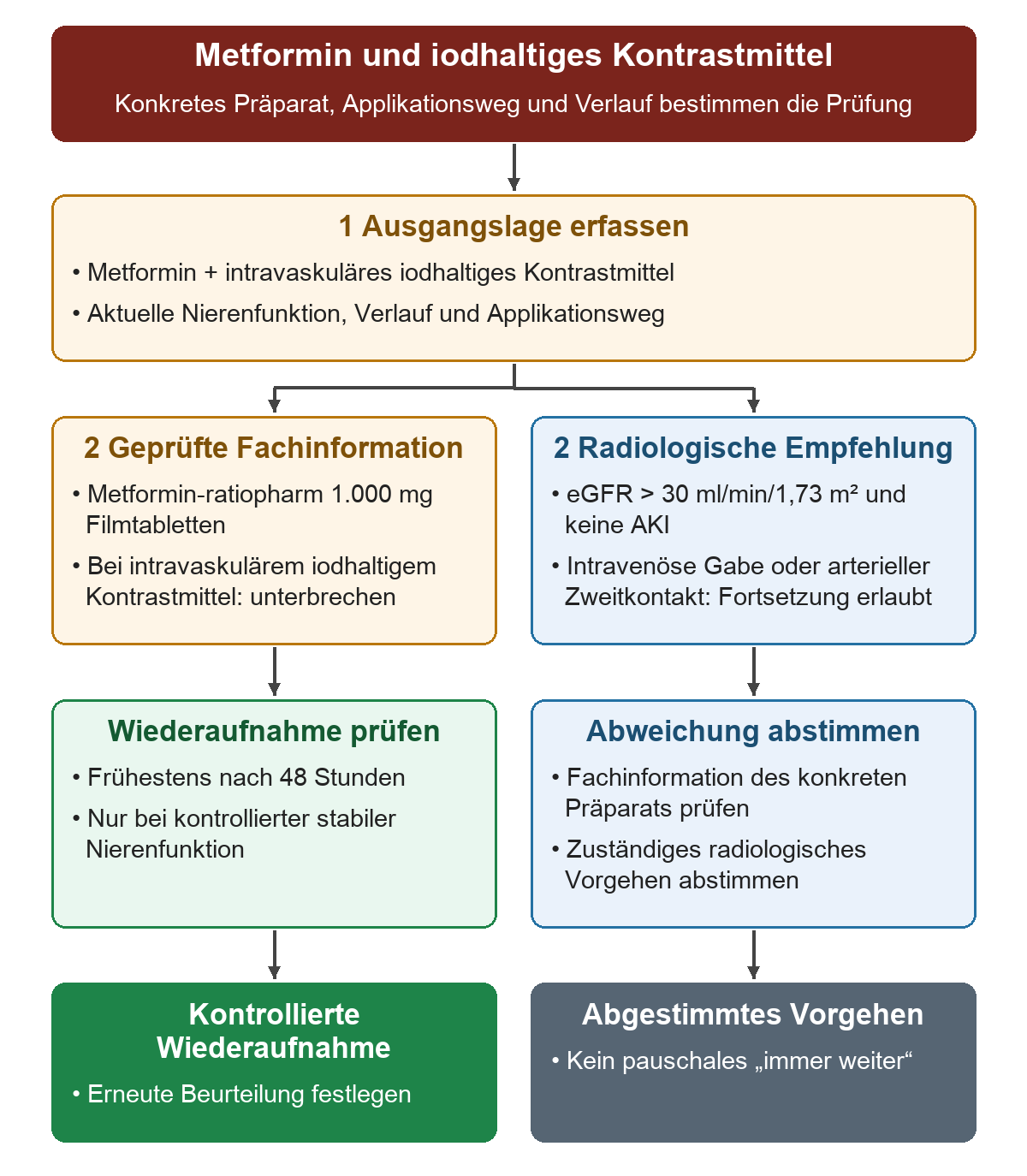 Nach Erfassung von Metformin, intravaskulärem iodhaltigem Kontrastmittel und Nierenverlauf werden zwei Vorgaben parallel geprüft: Die geprüfte Fachinformation verlangt eine Unterbrechung; die radiologische Empfehlung erlaubt bei eGFR über 30 ml/min/1,73 m² ohne AKI und intravenöser Gabe oder arteriellem Zweitkontakt eine Fortsetzung. Wiederaufnahme nach Fachinformation frühestens nach 48 Stunden bei kontrollierter stabiler Funktion; abweichende Empfehlungen werden abgestimmt.