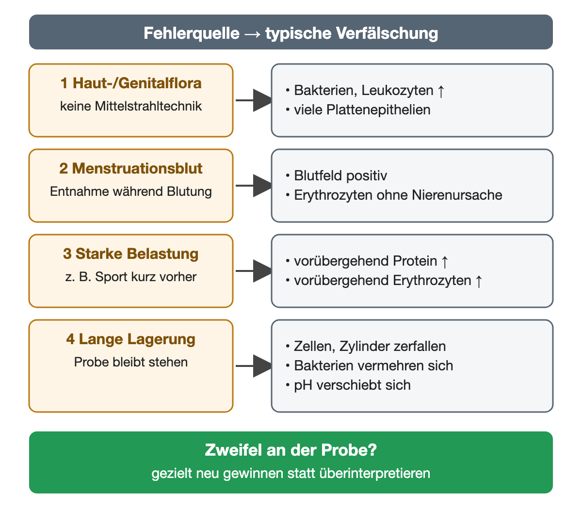 Vier präanalytische Fehlerquellen mit ihrer typischen Verfälschung: Haut- und Genitalflora, Menstruationsblut, starke körperliche Belastung und lange Lagerung; bei Zweifel wird die Probe gezielt neu gewonnen.
