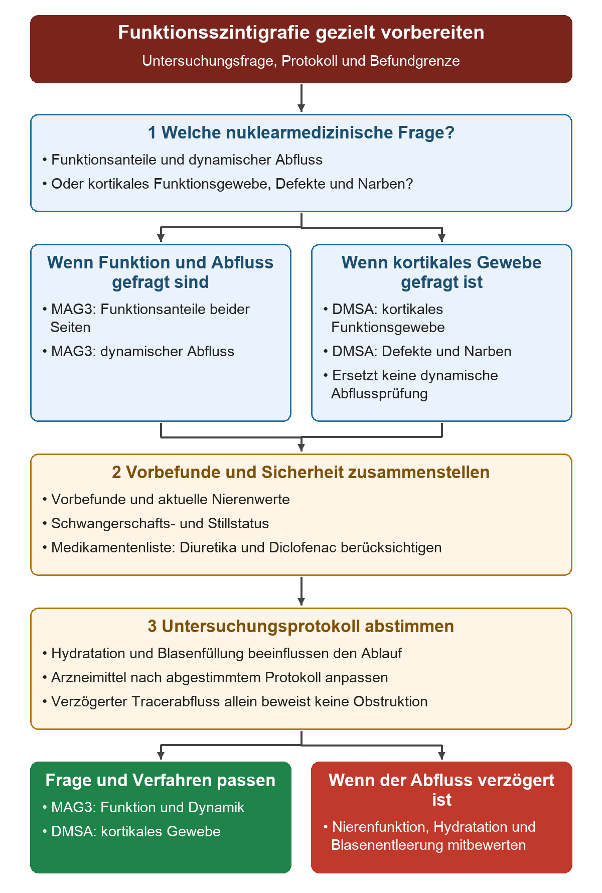 Die Untersuchungsfrage trennt MAG3 für Seitenfunktion und dynamischen Abfluss von DMSA für kortikales Gewebe. Danach werden Vorbefunde, Nierenwerte, Schwangerschafts- und Stillstatus, Medikamente und Untersuchungsprotokoll zusammengestellt.