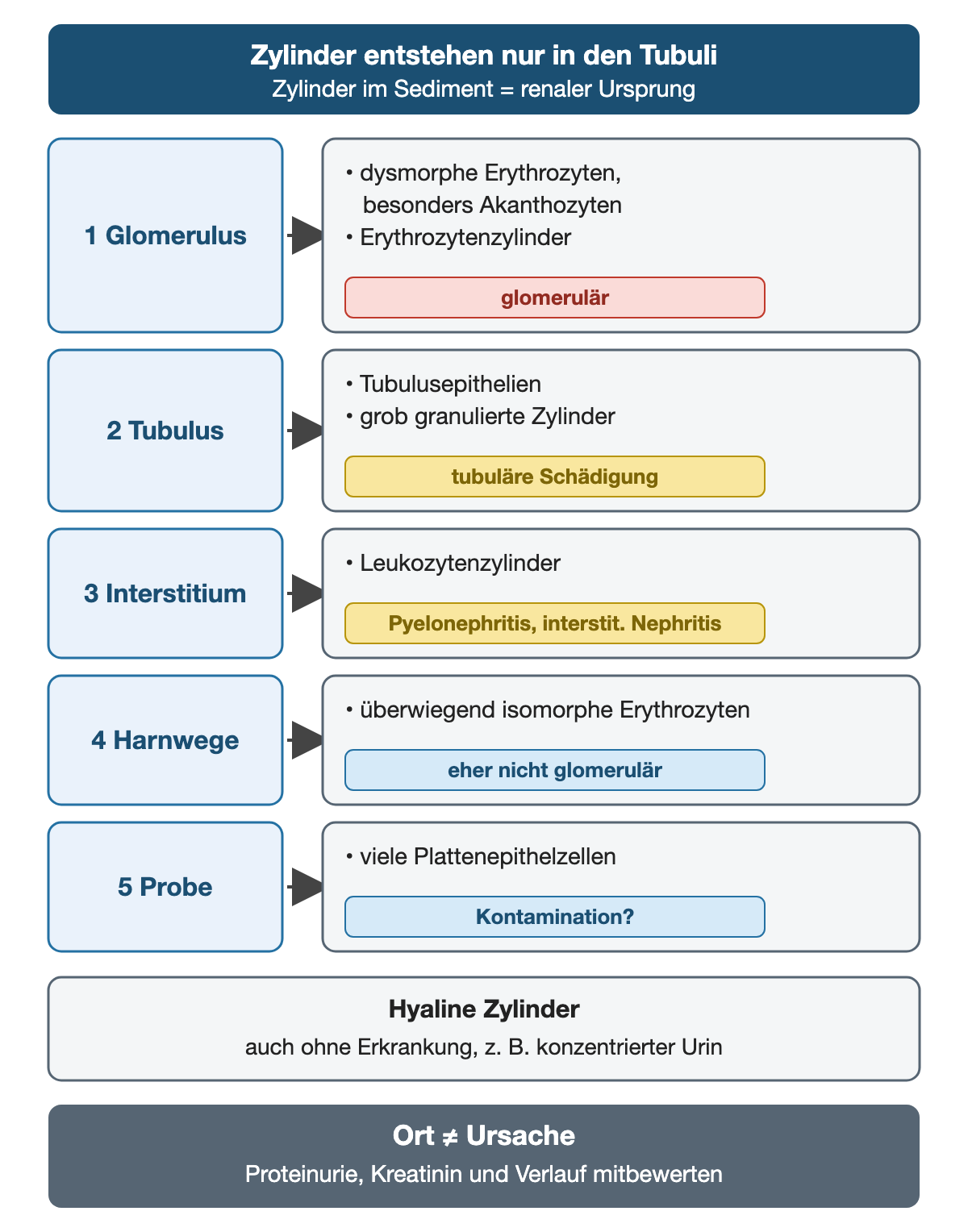 Ortszuordnung von Sedimentbefunden: Glomerulus mit dysmorphen Erythrozyten und Erythrozytenzylindern, Tubulus mit Tubulusepithelien und grob granulierten Zylindern, Interstitium mit Leukozytenzylindern, Harnwege mit überwiegend isomorphen Erythrozyten und die Probe mit vielen Plattenepithelzellen; hyaline Zylinder sind unspezifisch.