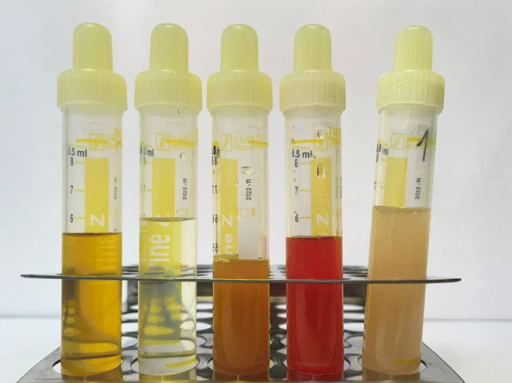 Fünf Urinröhrchen nebeneinander: zwei unauffällig gelbe beziehungsweise helle Proben, daneben eine dunkel-bernsteinfarbene, eine rote und eine trübe Probe.