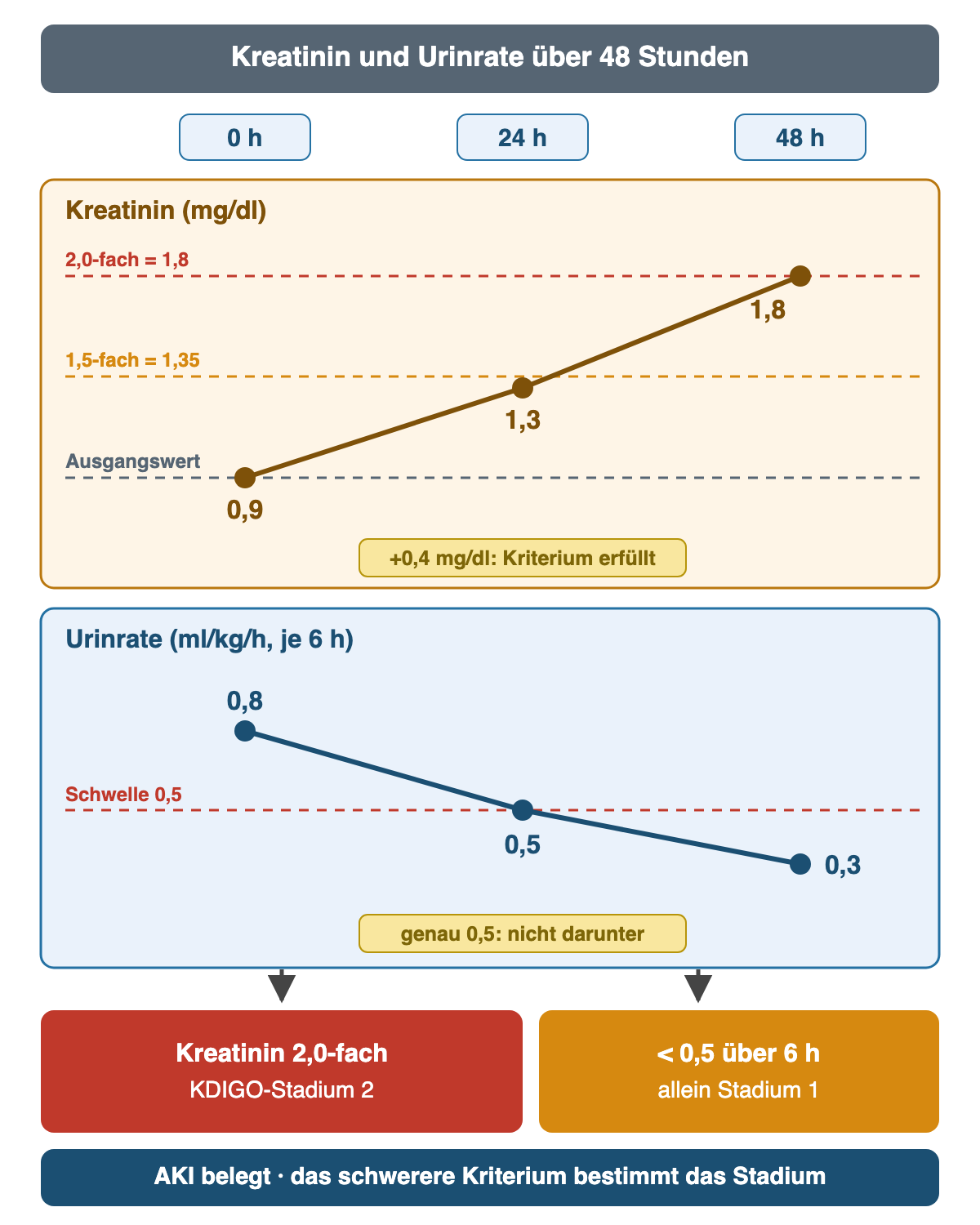 Kreatinin steigt von 0,9 über 1,3 auf 1,8 mg/dl und erreicht damit die Linie des doppelten Ausgangswerts; die sechs Stunden gemittelte Urinrate sinkt von 0,8 über genau 0,5 auf 0,3 ml/kg/h unter die Schwelle von 0,5. Das Kreatinin entspricht KDIGO-Stadium 2, die Urinrate allein Stadium 1; das schwerere Kriterium bestimmt das Stadium.
