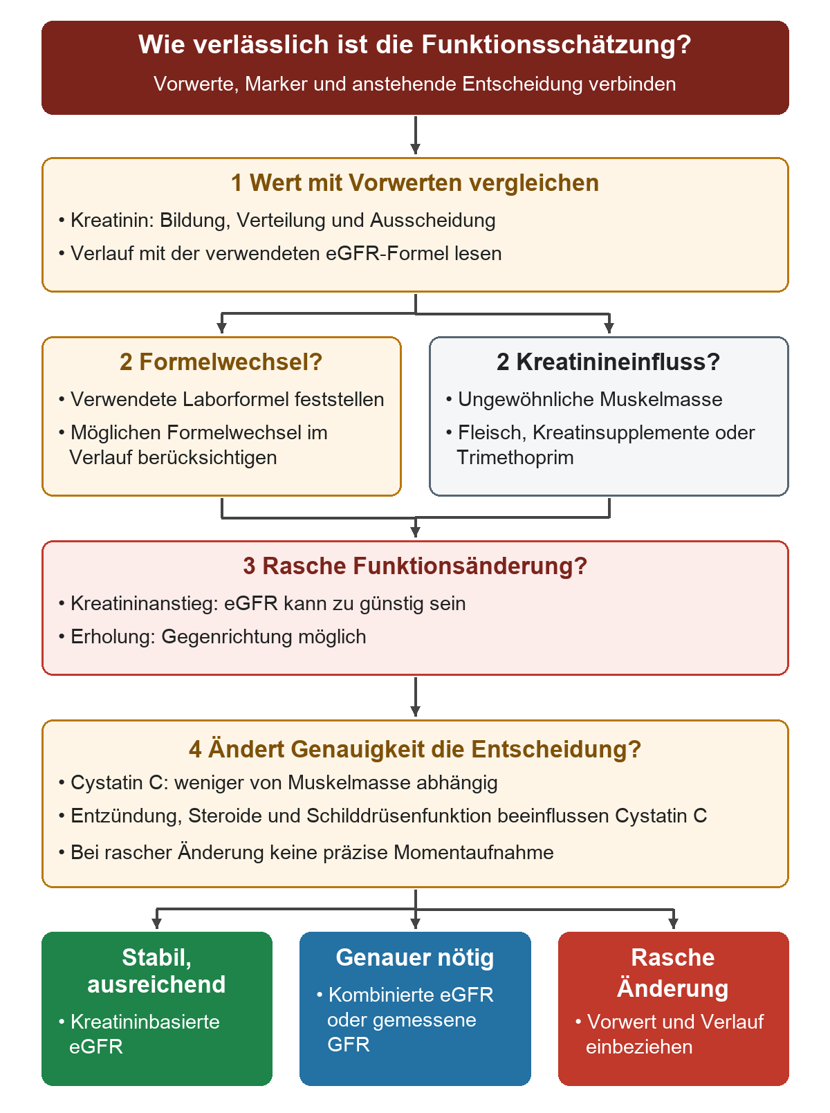 Nach Vergleich mit Vorwerten werden Formelwechsel und Kreatinineinflüsse geprüft; rasche Funktionsänderung begrenzt jede Schätzung, während bei stabiler Funktion die notwendige Entscheidungsgenauigkeit zwischen bestehender eGFR, kombinierter Schätzung und gemessener GFR entscheidet.