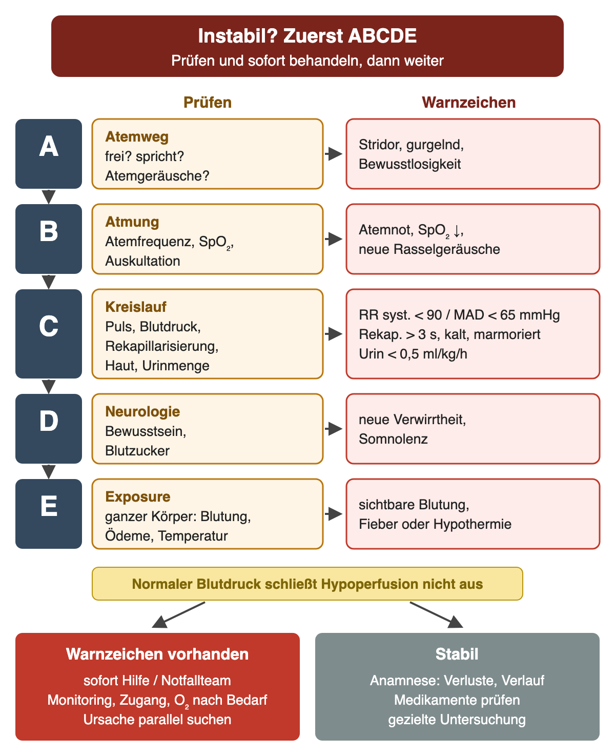 Fünf Zeilen A bis E: links, was du prüfst, rechts die Warnzeichen, darunter Kreislaufgrenzen systolisch unter 90 oder mittlerer Druck unter 65 mmHg, Rekapillarisierung über 3 Sekunden und Urin unter 0,5 ml/kg/h. Unten zwei Wege: bei Warnzeichen sofort Hilfe und Monitoring, bei Stabilität Anamnese, Medikamente und gezielte Untersuchung.