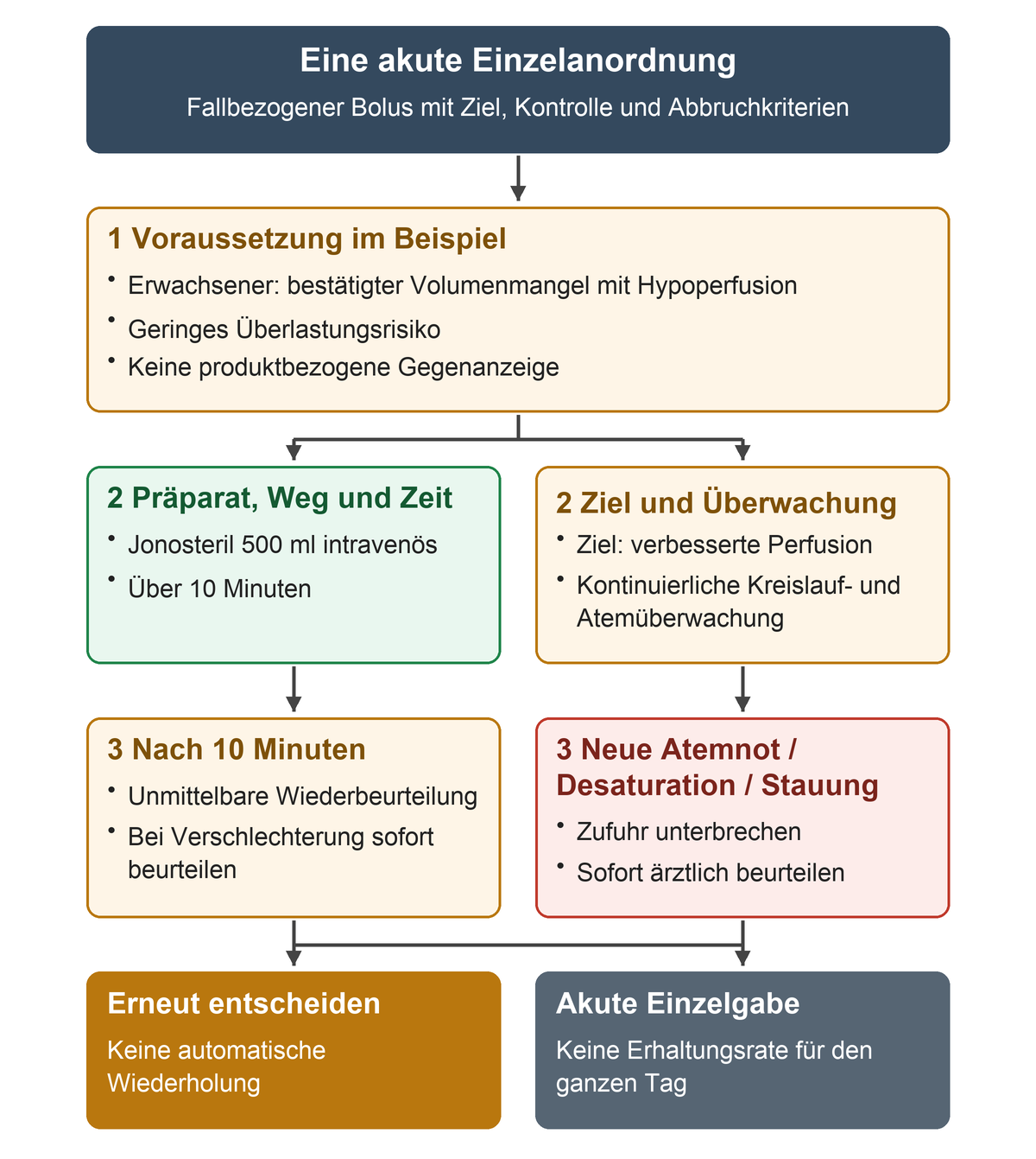 Nach Prüfung der Voraussetzungen wird im Fallbeispiel Jonosteril 500 Milliliter intravenös über zehn Minuten angeordnet. Kontinuierliche Überwachung, unmittelbare Wiederbeurteilung und Unterbrechung bei Atemnot, Desaturation oder Stauung begrenzen die Einzelgabe.