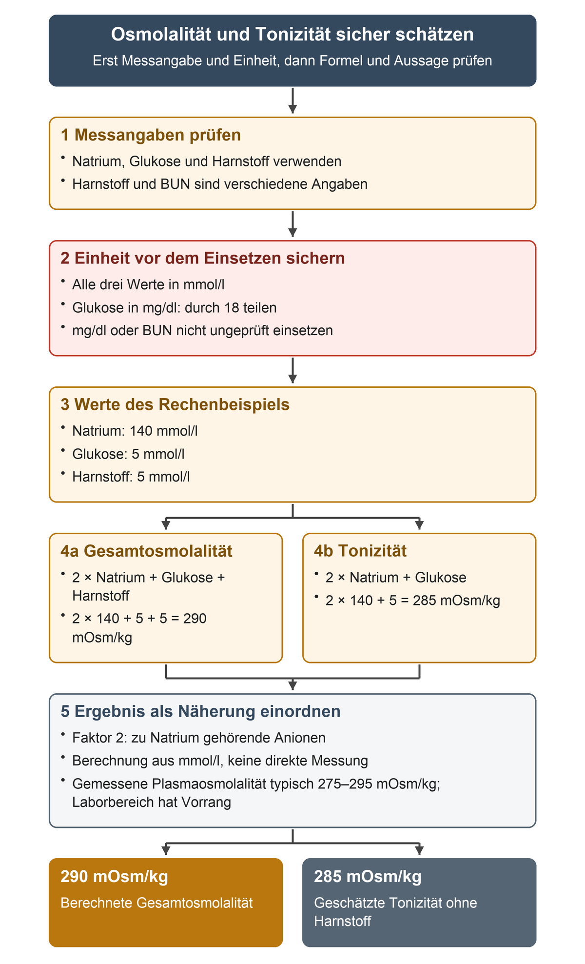 Die fünf Rechenschritte prüfen Messangaben und Einheiten, setzen Natrium 140, Glukose 5 und Harnstoff 5 mmol/l ein und berechnen parallel 290 mOsm/kg Gesamtosmolalität sowie 285 mOsm/kg Tonizität. Beide Ergebnisse sind Näherungen.
