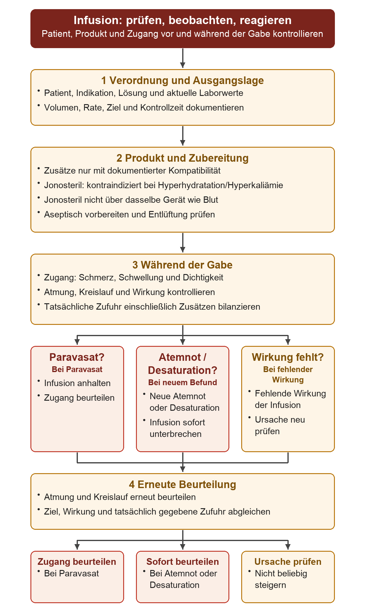 Zuerst werden Verordnung, Patient und aktuelle Laborwerte geprüft, dann Produkt, Kompatibilität und aseptische Zubereitung. Während der Gabe werden Zugang, Atmung, Kreislauf, Wirkung und Zufuhr beobachtet. Paravasat, neue Atemnot oder Desaturation und fehlende Wirkung führen zu den jeweiligen Reaktionen und zur erneuten Beurteilung.