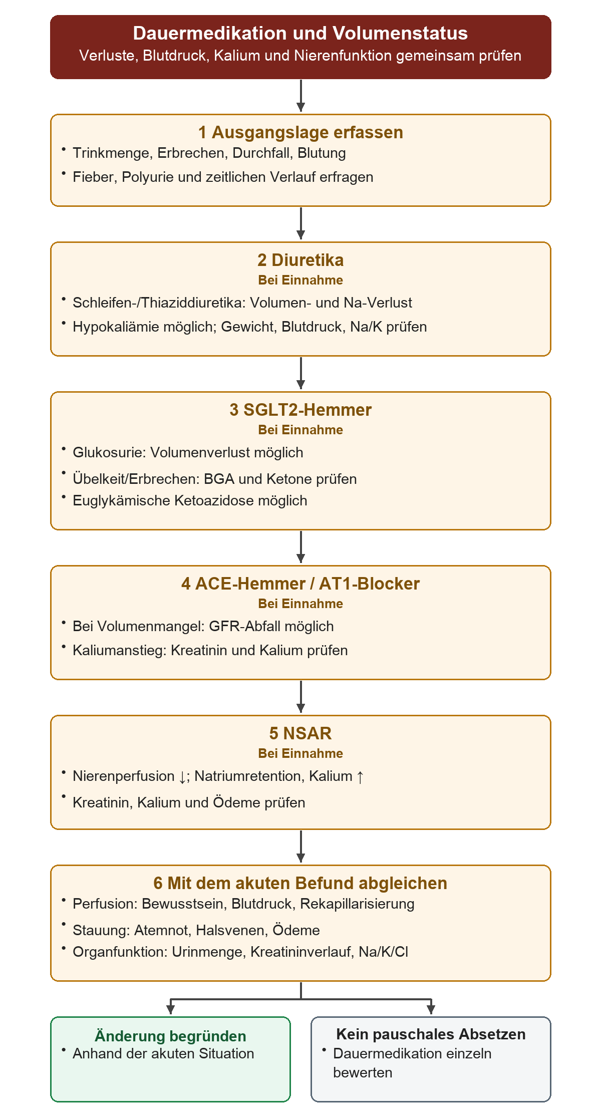 Zuerst werden Verluste und zeitlicher Verlauf erfasst. Danach führen vier Medikamentengruppen zu den jeweils relevanten Kontrollen von Gewicht, Blutdruck, Elektrolyten, Kreatinin oder BGA und Ketonen. Die Befunde werden mit Perfusion, Stauung und Organfunktion verbunden; Änderungen richten sich nach der akuten Situation.