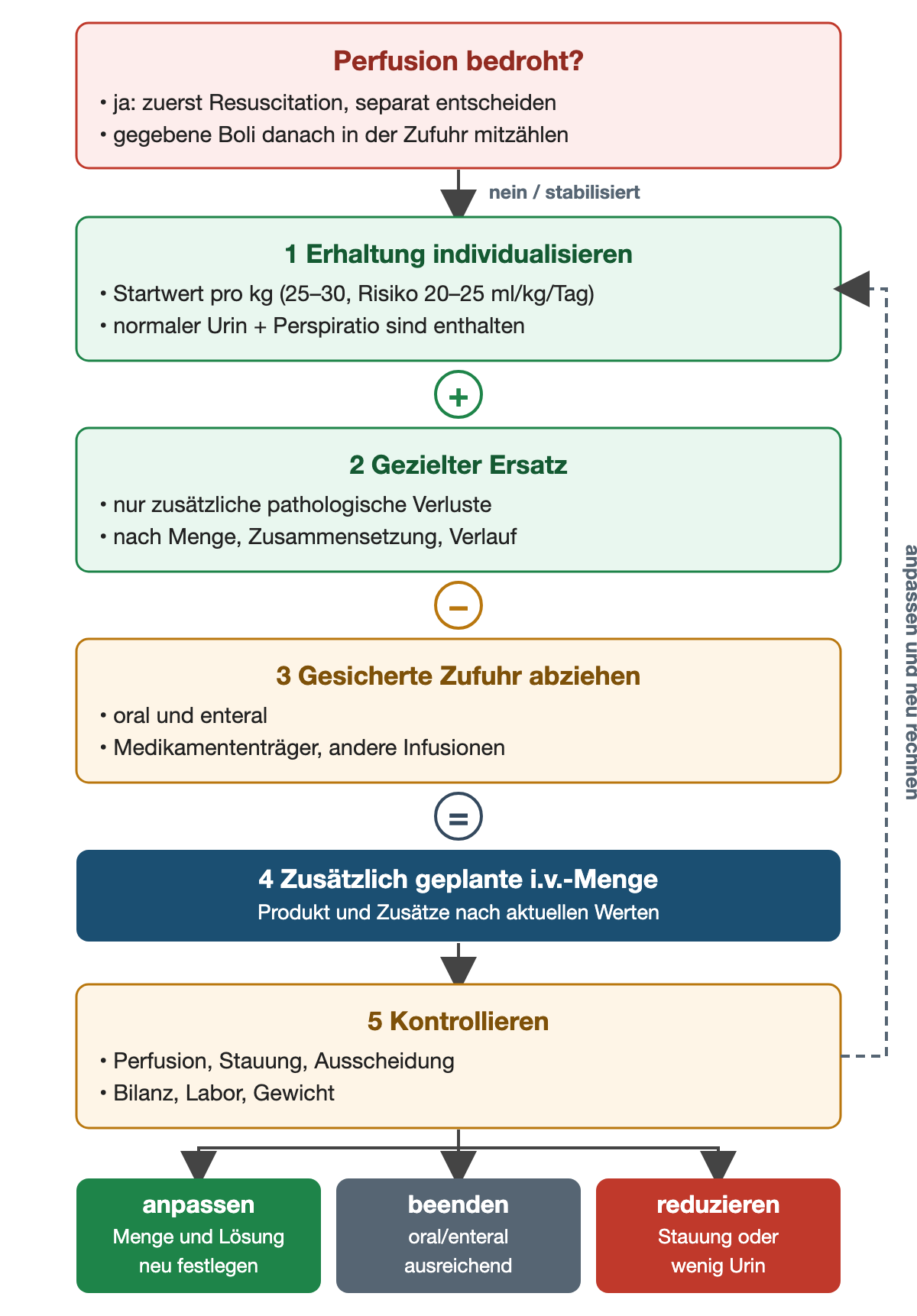 Zuerst wird geprüft, ob die Perfusion bedroht ist; dann wird Resuscitation separat entschieden und später mitgezählt. Danach: individualisierte Erhaltung plus gezielter Ersatz zusätzlicher pathologischer Verluste minus gesicherte orale, enterale und medikamentöse Zufuhr ergibt die zusätzlich geplante intravenöse Menge. Kontrollen von Perfusion, Stauung, Ausscheidung, Bilanz, Labor und Gewicht führen zurück zur Rechnung; Ergebnis ist anpassen, beenden bei ausreichender oraler Zufuhr oder reduzieren bei Stauung oder wenig Urin.