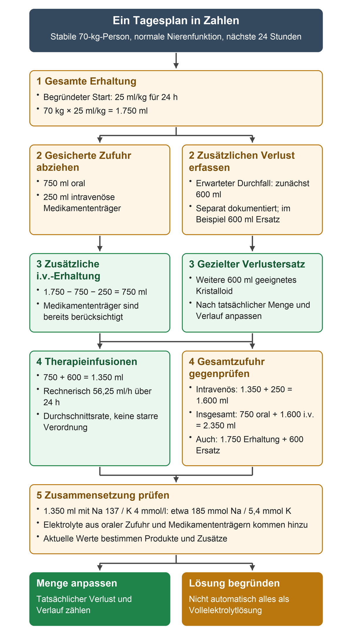 Die Rechnung beginnt mit 1.750 Millilitern Erhaltung, zieht orale Zufuhr und Medikamententräger ab und addiert getrennten Durchfallersatz. Therapieinfusionen, gesamte intravenöse Zufuhr und Elektrolytmengen werden anschließend geprüft.