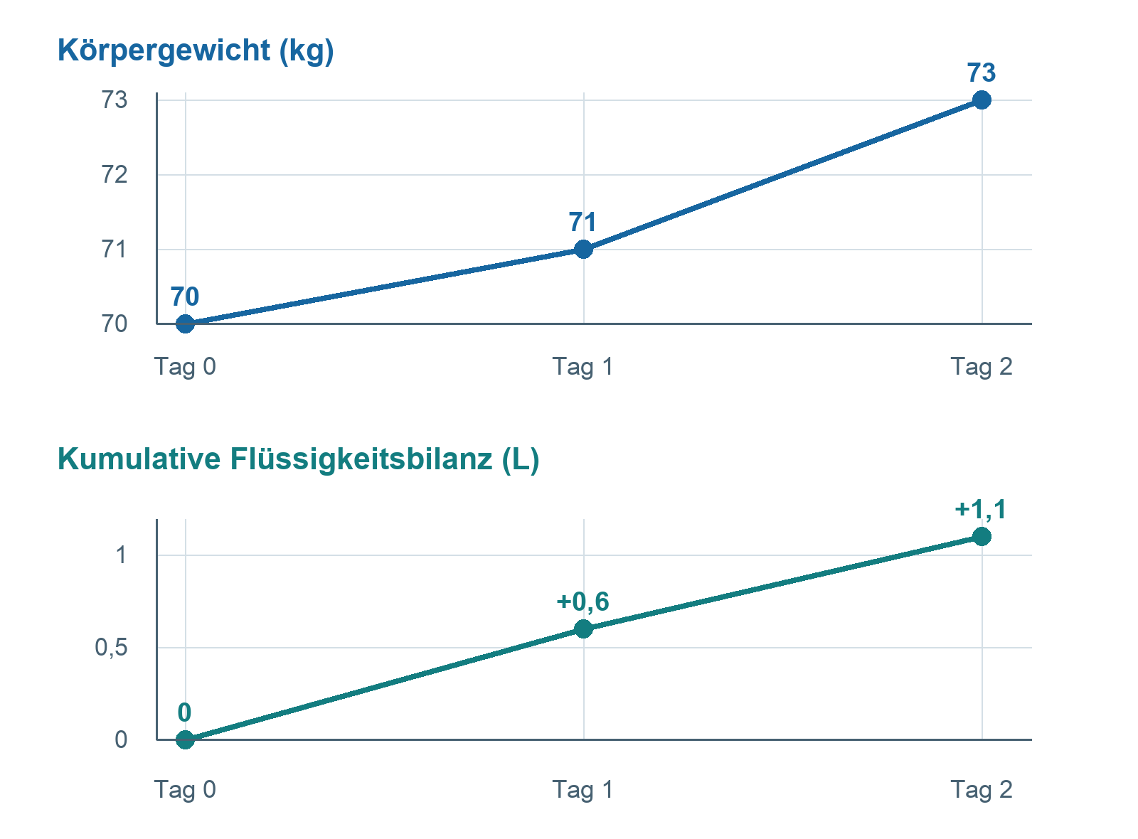 Über drei Tage steigt das Gewicht von 70 über 71 auf 73 kg; die kumulative dokumentierte Bilanz beträgt 0, plus 0,6 und plus 1,1 Liter.
