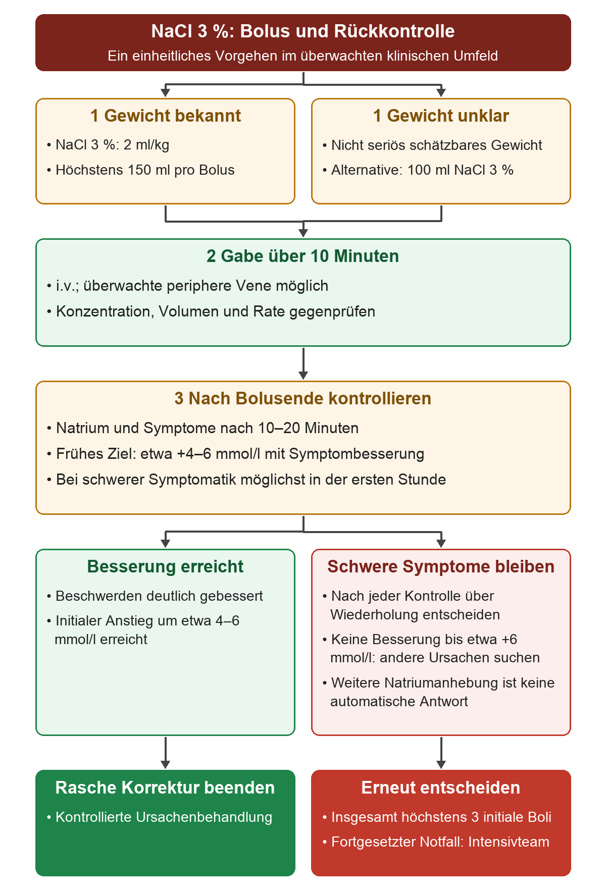 Bei bekanntem Gewicht werden 2 Milliliter NaCl 3 Prozent pro Kilogramm bis höchstens 150 Milliliter gewählt, bei nicht seriös schätzbarem Gewicht alternativ 100 Milliliter. Nach zehn Minuten Gabe werden Natrium und Symptome zehn bis zwanzig Minuten nach Bolusende kontrolliert. Besserung und initialer Anstieg führen zum Beenden der raschen Korrektur; anhaltende schwere Symptome erfordern eine erneute Entscheidung.