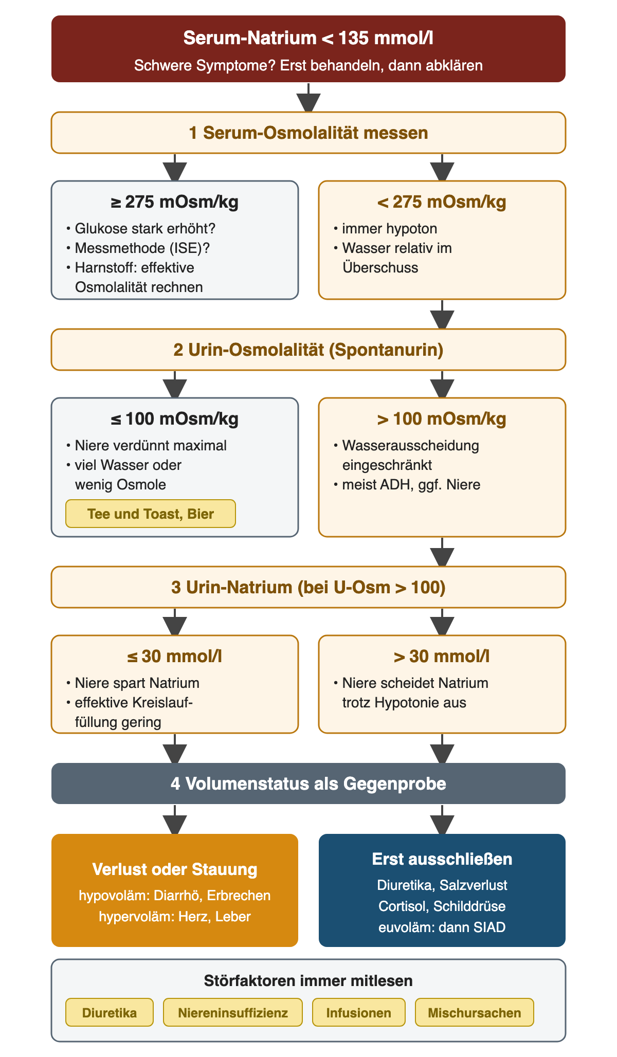 Diagnostischer Ablauf bei Hyponatriämie: schwere Symptome zuerst behandeln; dann Serum-Osmolalität (unter 275 mOsm/kg immer hypoton), Urinosmolalität (bis 100 mOsm/kg maximale Verdünnung bei viel Wasser oder wenig Osmolen) und Urin-Natrium (bis 30 mmol/l geringe effektive Kreislauffüllung, darüber Diuretika, Salzverlust, Cortisol- oder Schilddrüsenmangel und erst dann SIAD); Volumenstatus als Gegenprobe; Störfaktoren Diuretika, Niereninsuffizienz, Infusionen und Mischursachen.