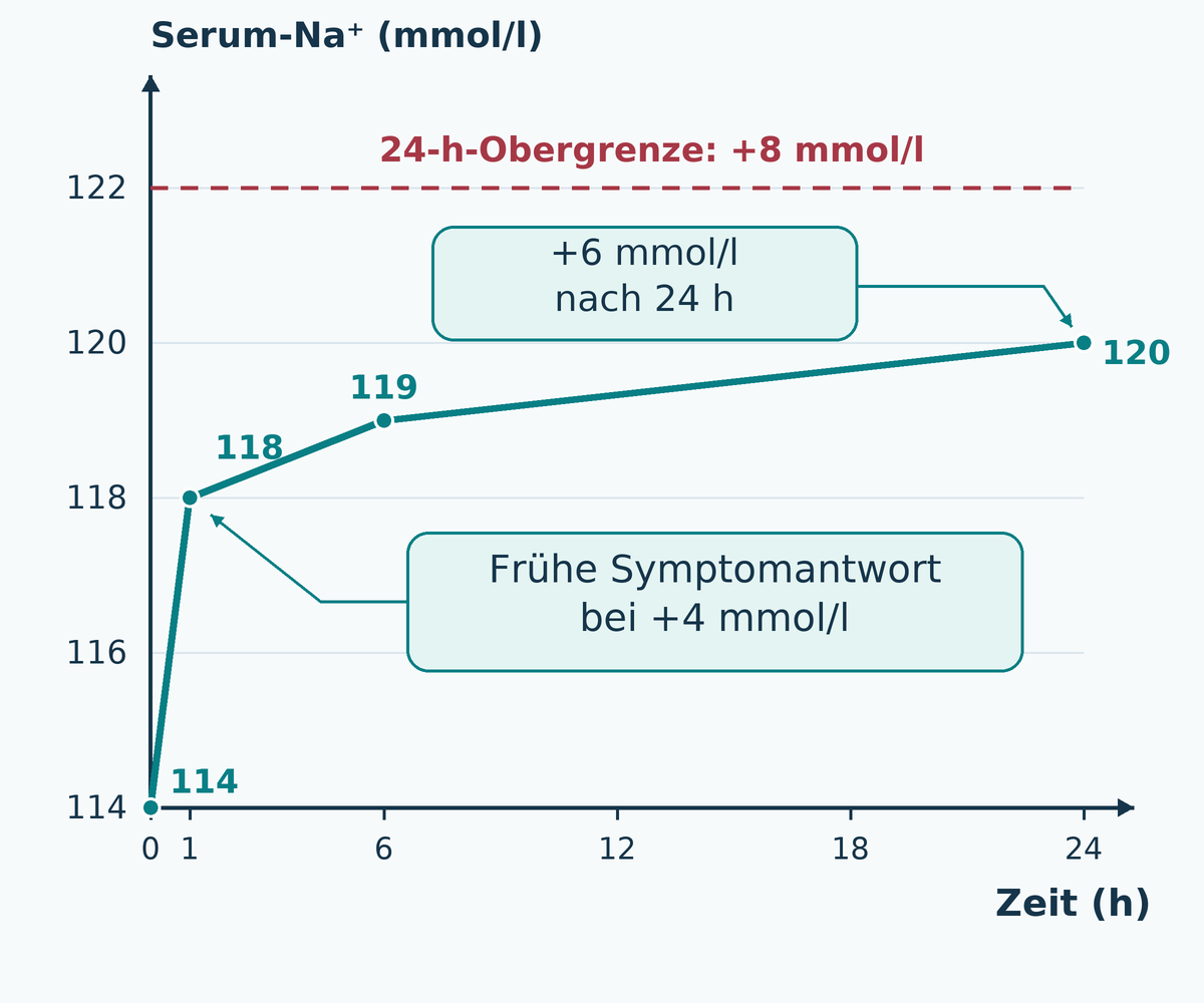 Beispielverlauf von Natrium 114 zu Beginn über 118 nach einer Stunde und 119 nach sechs Stunden bis 120 nach 24 Stunden; die 24-Stunden-Obergrenze liegt im Beispiel bei 122.