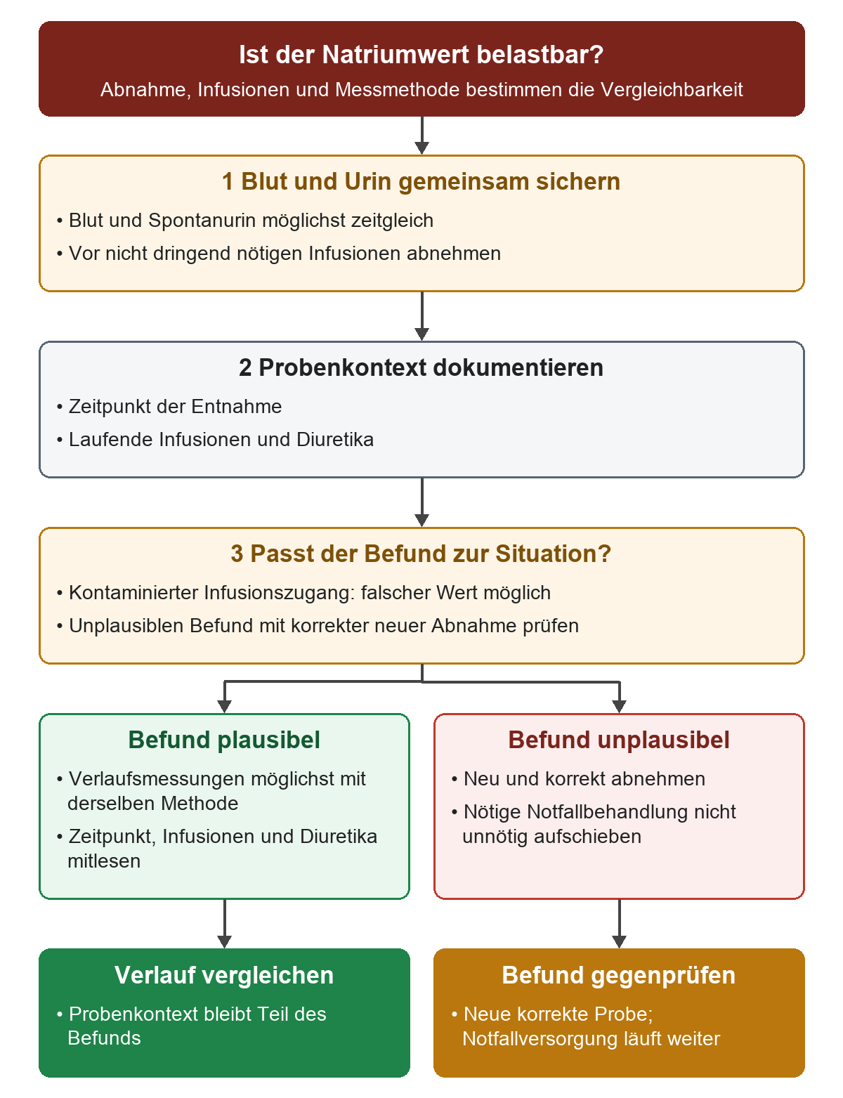 Der Weg beginnt mit möglichst gleichzeitiger Abnahme von Blut und Spontanurin vor nicht dringenden Infusionen. Zeitpunkt, laufende Infusionen und Diuretika werden dokumentiert. Ein plausibler Befund wird im Verlauf möglichst mit derselben Methode verglichen; ein unplausibler Wert wird korrekt neu abgenommen, ohne nötige Notfallbehandlung aufzuschieben.