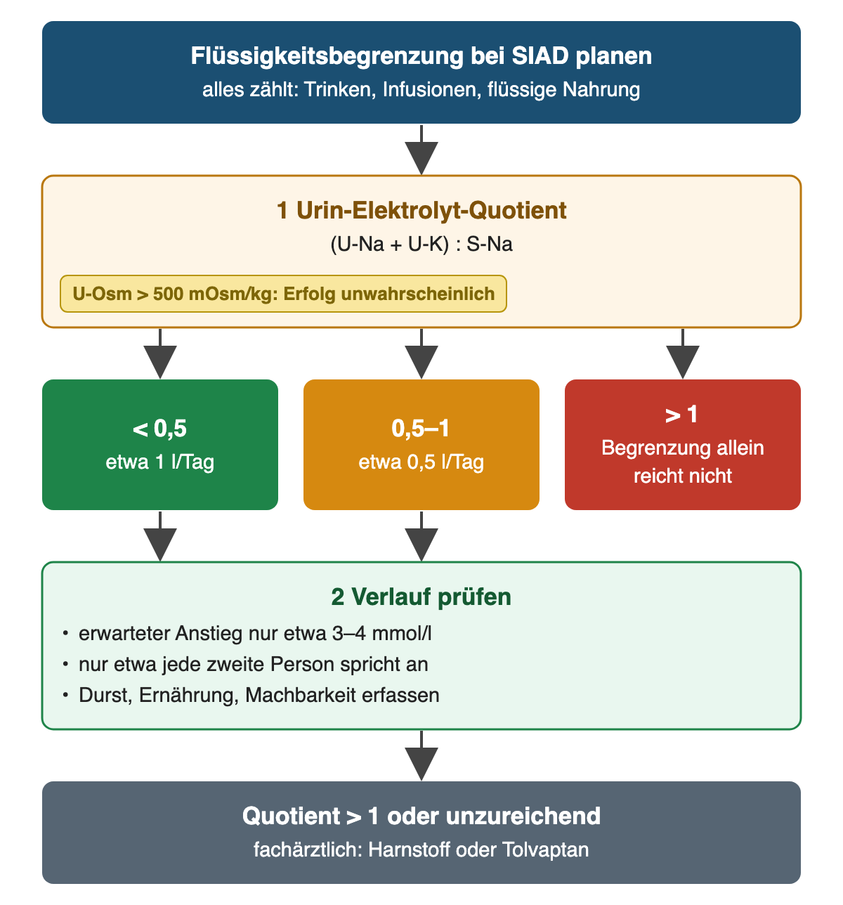 Planung der Flüssigkeitsbegrenzung: alle Zufuhren zählen; Quotient aus Urin-Natrium plus Urin-Kalium geteilt durch Serum-Natrium unter 0,5 etwa 1 l pro Tag, 0,5 bis 1 etwa 0,5 l pro Tag, über 1 reicht Begrenzung allein nicht; Urinosmolalität über 500 macht Erfolg unwahrscheinlich; bei unzureichender Wirkung fachärztlich Harnstoff oder Tolvaptan.