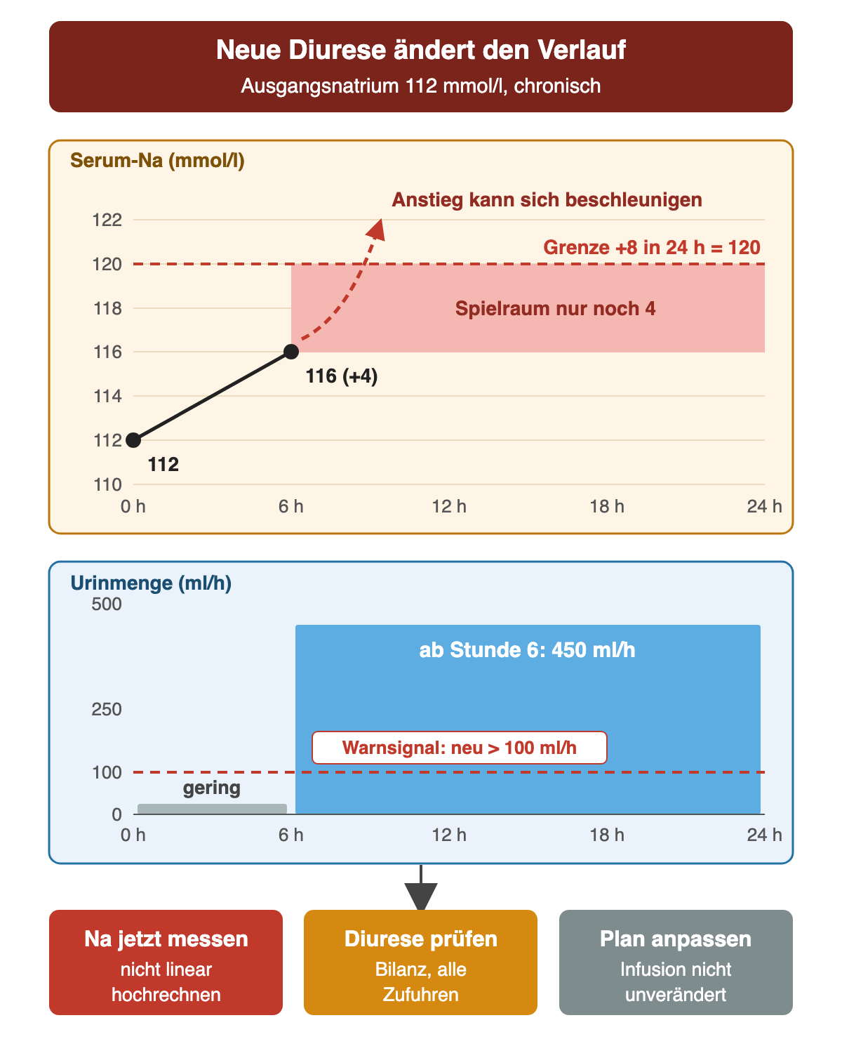 Zeitverlauf im Beispiel: Natrium steigt in sechs Stunden von 112 auf 116 mmol/l; bis zur Grenze von 120 mmol/l nach plus 8 in 24 Stunden bleiben nur 4 mmol/l. Ab Stunde 6 werden 450 ml Urin pro Stunde ausgeschieden, deutlich über dem Warnsignal von 100 ml/h; der Natriumanstieg kann sich beschleunigen. Folgerung: Natrium jetzt messen statt linear hochrechnen, Diurese und Bilanz prüfen, die Infusion nicht unverändert fortsetzen.