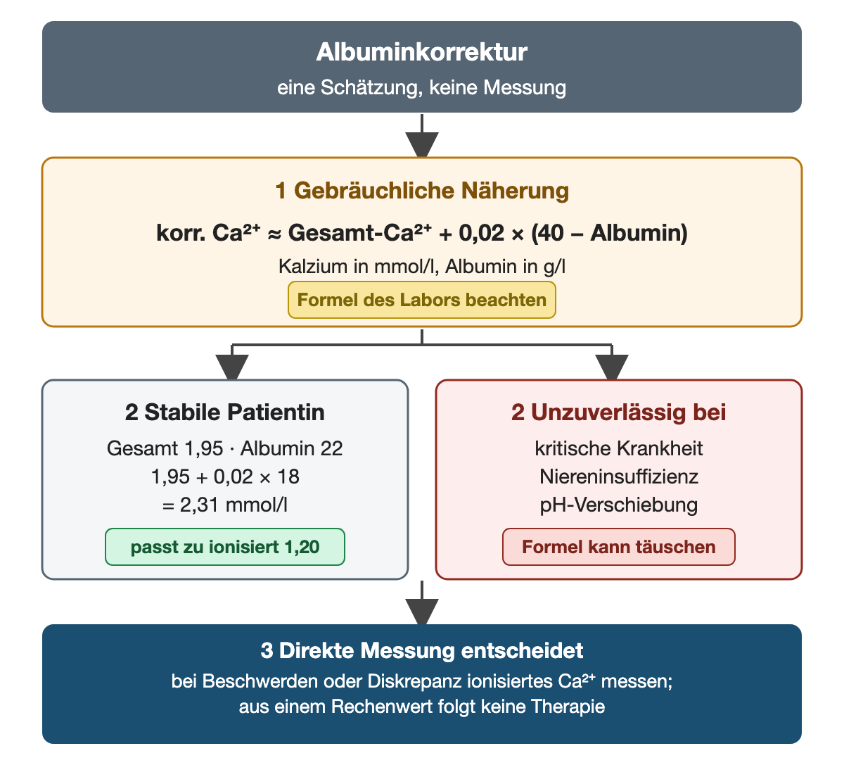 Die Albuminkorrektur ist eine Schätzung, keine Messung. Gebräuchliche Näherung: korrigiertes Kalzium ungefähr gleich Gesamt-Kalzium plus 0,02 mal (40 minus Albumin), Kalzium in mmol/l, Albumin in g/l; die Formel des eigenen Labors ist zu beachten. Bei der stabilen Patientin mit Gesamt-Kalzium 1,95 und Albumin 22 ergibt 1,95 plus 0,02 mal 18 den Wert 2,31 mmol/l, passend zum ionisierten Kalzium 1,20. Unzuverlässig ist die Formel bei kritischer Krankheit, Niereninsuffizienz und pH-Verschiebung. Bei Beschwerden oder Diskrepanz entscheidet die direkte Messung des ionisierten Kalziums; aus einem Rechenwert folgt keine Therapie.