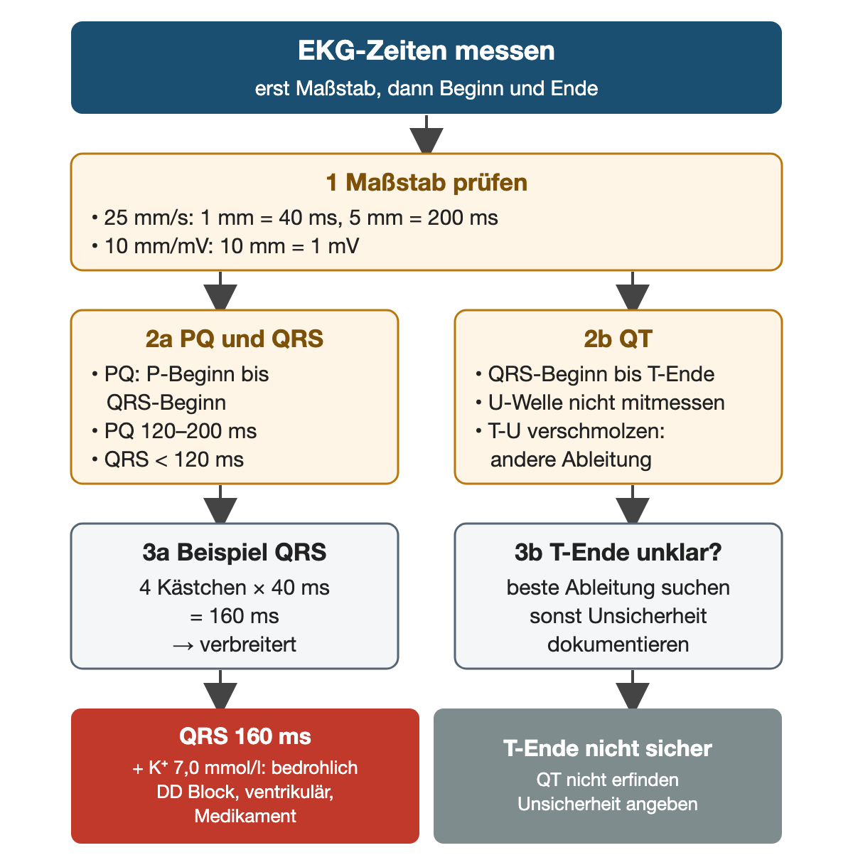 Ablauf: 1 Maßstab prüfen, 25 mm/s mit 1 mm gleich 40 ms und 5 mm gleich 200 ms, 10 mm/mV mit 10 mm gleich 1 mV. Zwei Äste: 2a PQ vom P-Beginn bis zum QRS-Beginn, 120 bis 200 ms, QRS kleiner als 120 ms; 3a Beispiel: 4 Kästchen mal 40 ms gleich 160 ms, verbreitert. 2b QT vom QRS-Beginn bis zum T-Ende ohne U-Welle, bei T-U-Verschmelzung andere Ableitung; 3b T-Ende unklar: beste Ableitung suchen, sonst Unsicherheit dokumentieren. Ergebnis links rot: QRS 160 ms mit Kalium 7,0 mmol/l ist bedrohlich, Differenzialdiagnose Block, ventrikulärer Ursprung, Medikament. Ergebnis rechts grau: T-Ende nicht sicher, QT nicht erfinden, Unsicherheit angeben.
